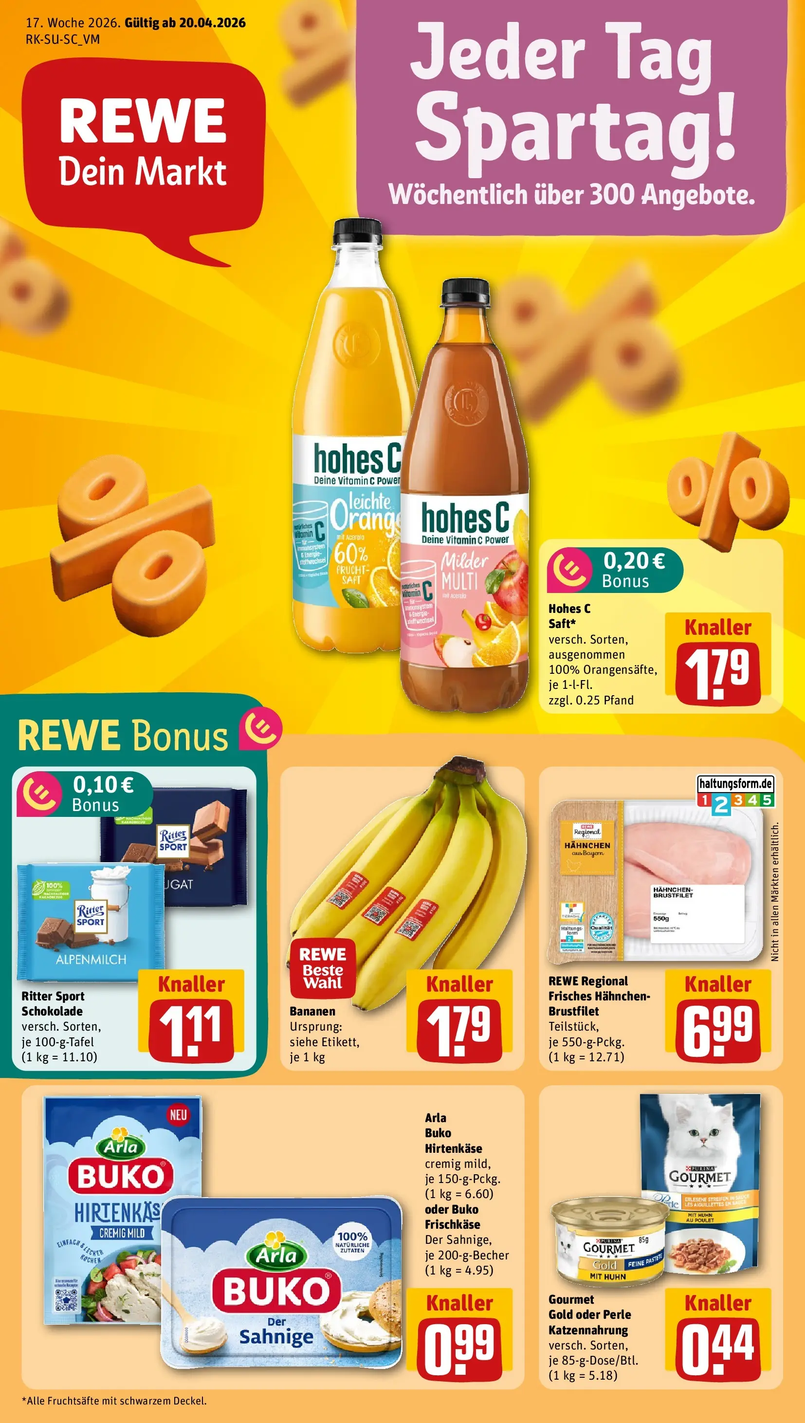 REWE Prospekt ab 20.04.2026 zum Blättern » Angebote | Seite: 1 | Produkte: Hahnchen, Schokolade, Ritter sport, Bananen
