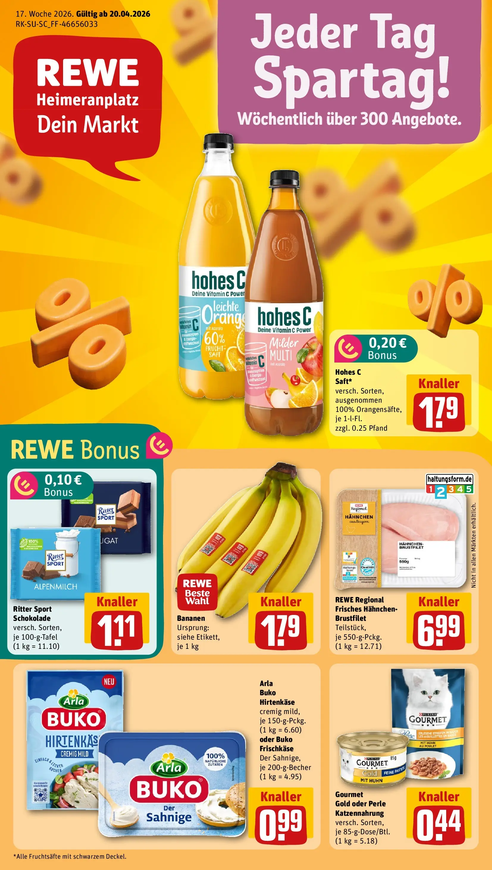 REWE Prospekt ab 20.04.2026 zum Blättern » Angebote | Seite: 1 | Produkte: Ritter sport, Arla buko, Hohes c, Saft
