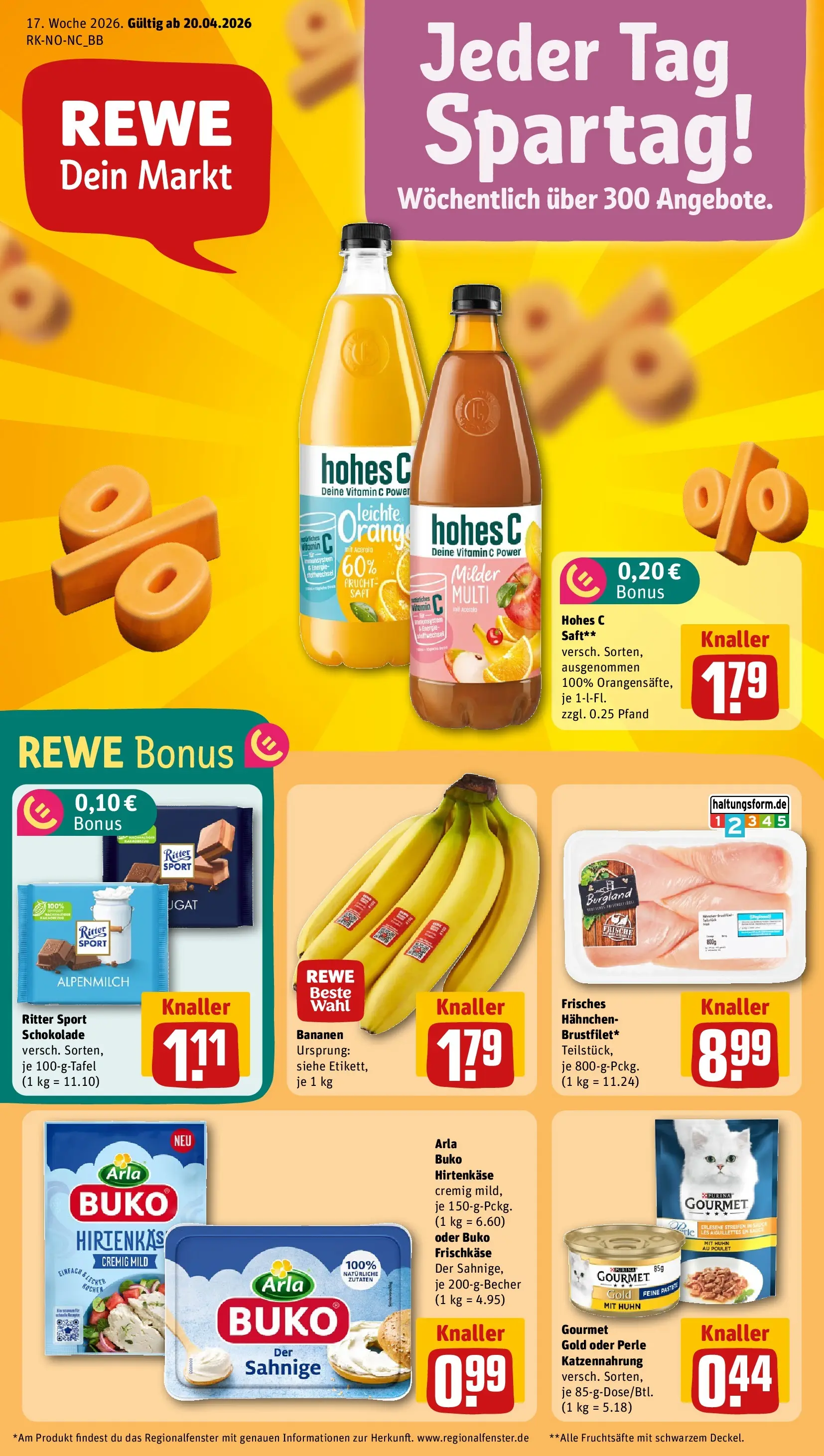 REWE Prospekt ab 20.04.2026 zum Blättern » Angebote | Seite: 1 | Produkte: Schokolade, Bananen, Saft, Frischkase