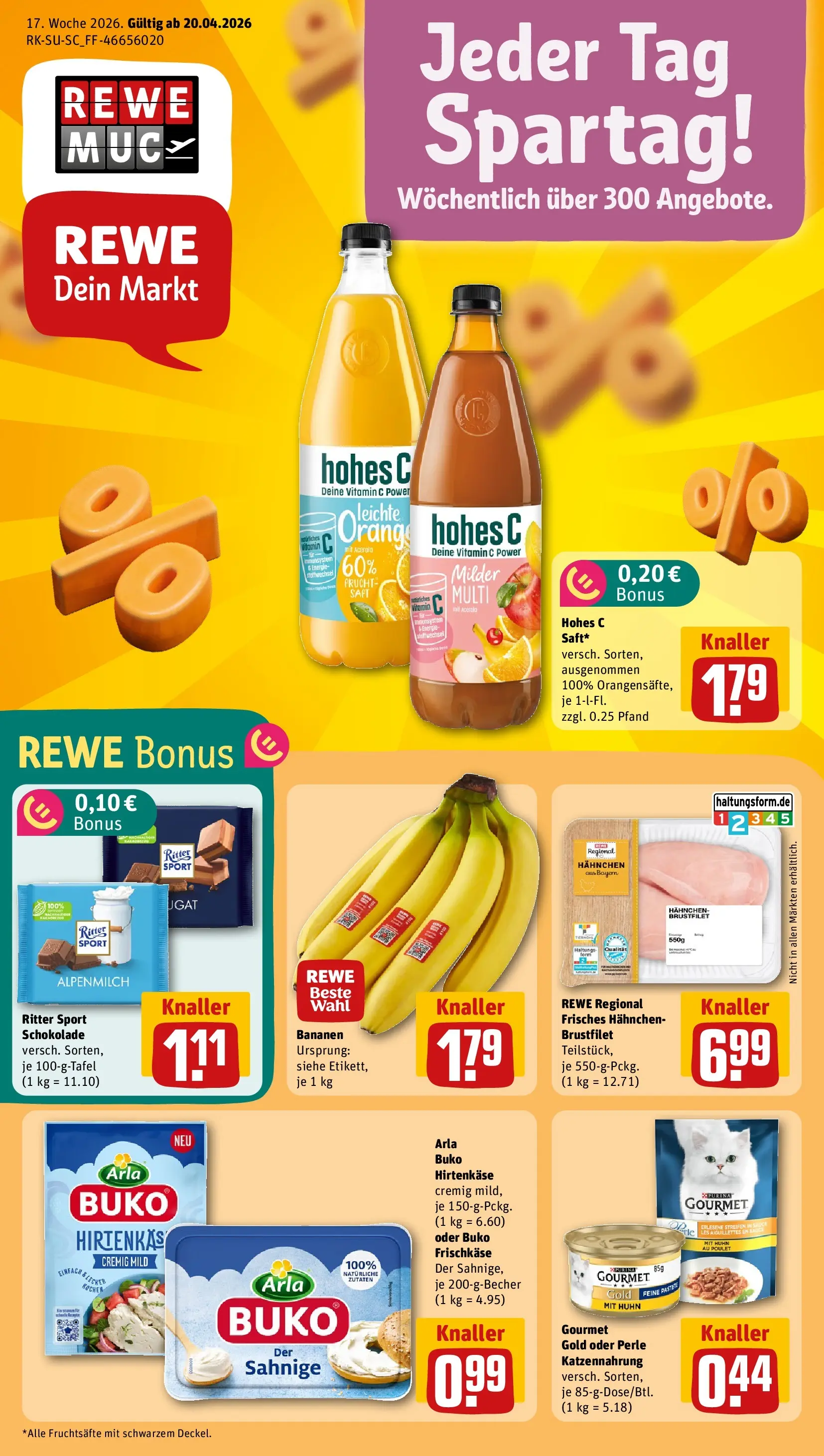 REWE Prospekt ab 20.04.2026 zum Blättern » Angebote | Seite: 1 | Produkte: Ritter sport, Bananen, Hohes c, Frischkase