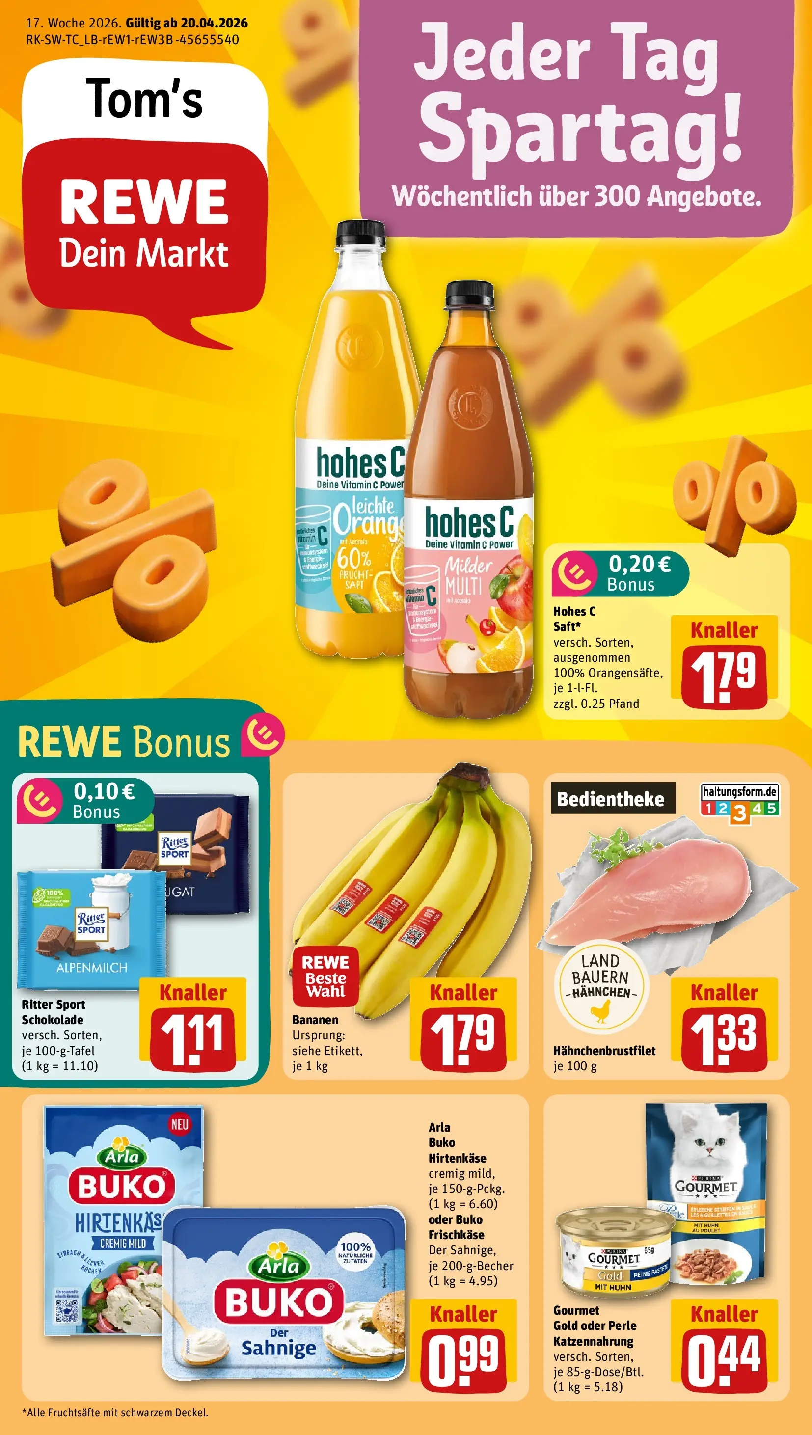 REWE Prospekt ab 20.04.2026 zum Blättern » Angebote | Seite: 1 | Produkte: Hahnchen, Ritter sport, Arla buko, Hohes c