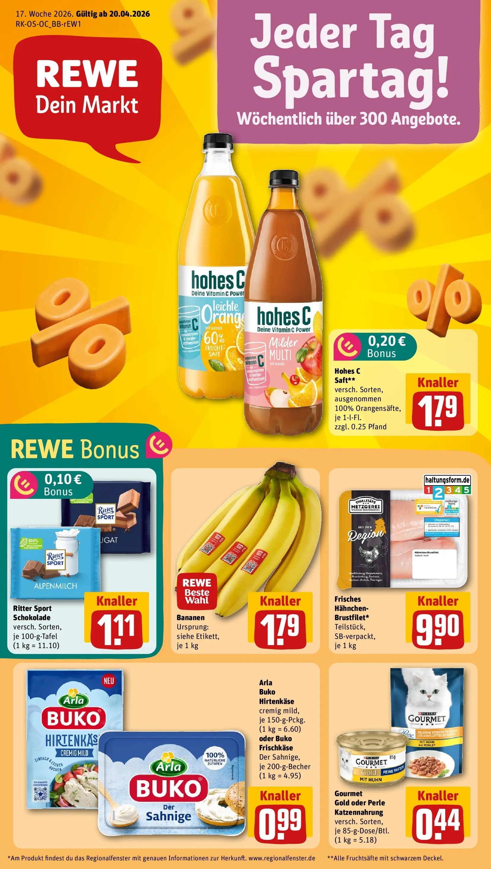 REWE Prospekt ab 20.04.2026 zum Blättern » Angebote | Seite: 1 | Produkte: Hahnchen, Schokolade, Arla buko, Saft