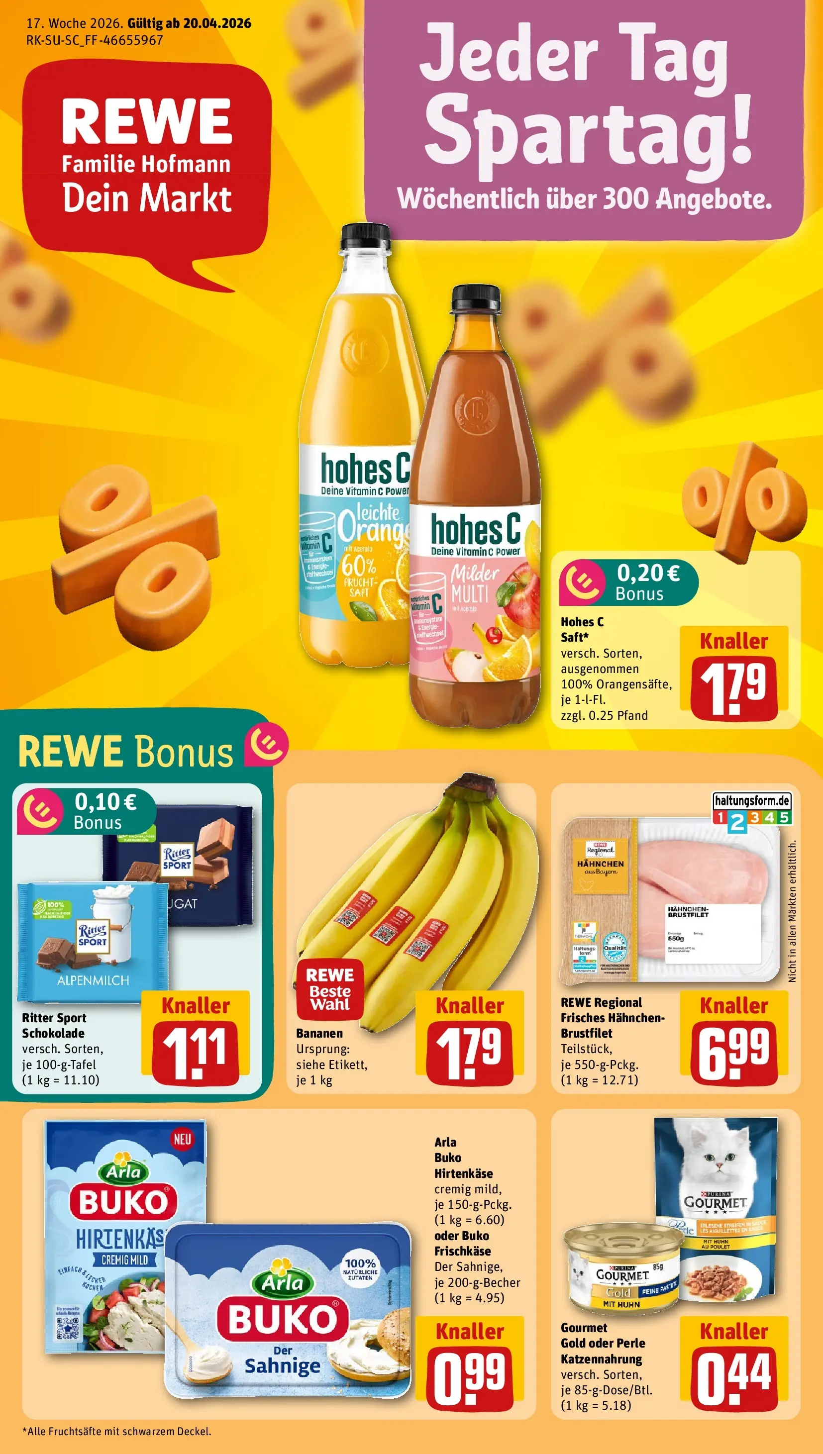 REWE Prospekt ab 20.04.2026 zum Blättern » Angebote | Seite: 1 | Produkte: Schokolade, Bananen, Arla buko, Hohes c