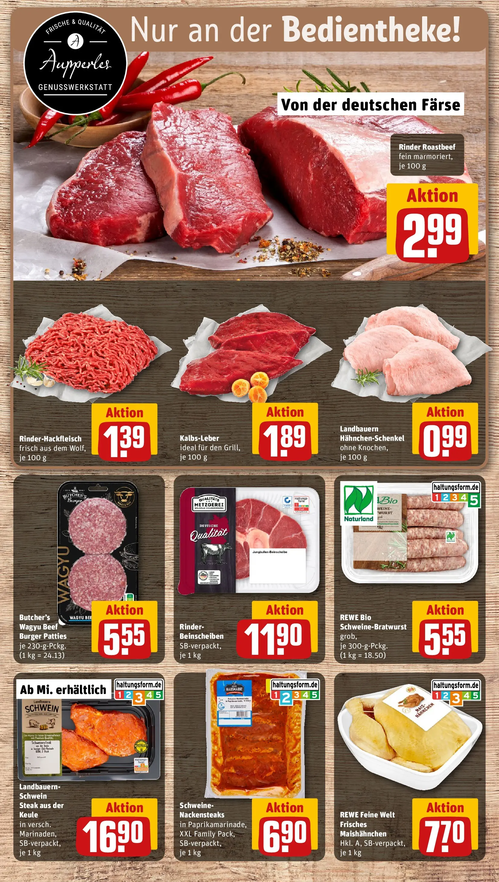 REWE Prospekt ab 20.04.2026 zum Blättern » Angebote | Seite: 14 | Produkte: Nackensteaks, Hahnchenschenkel, Wurst, Steak