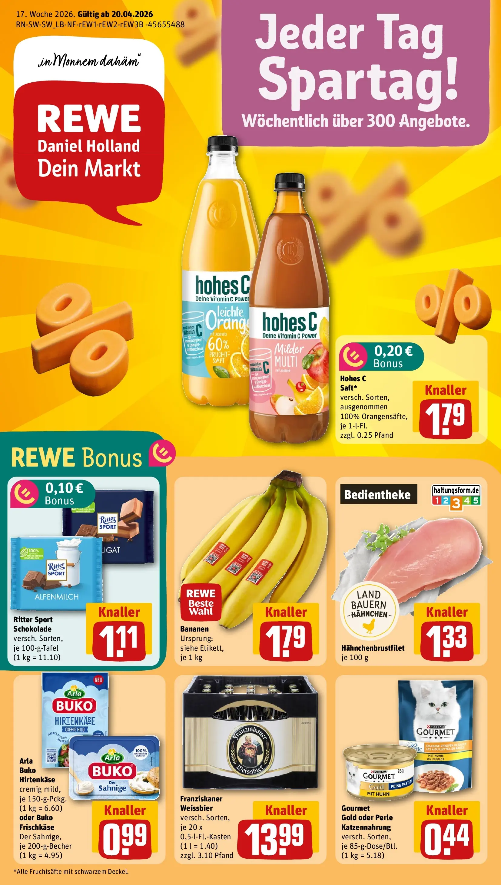 REWE Prospekt ab 20.04.2026 zum Blättern » Angebote | Seite: 1 | Produkte: Franziskaner, Ritter sport, Bananen, Frischkase