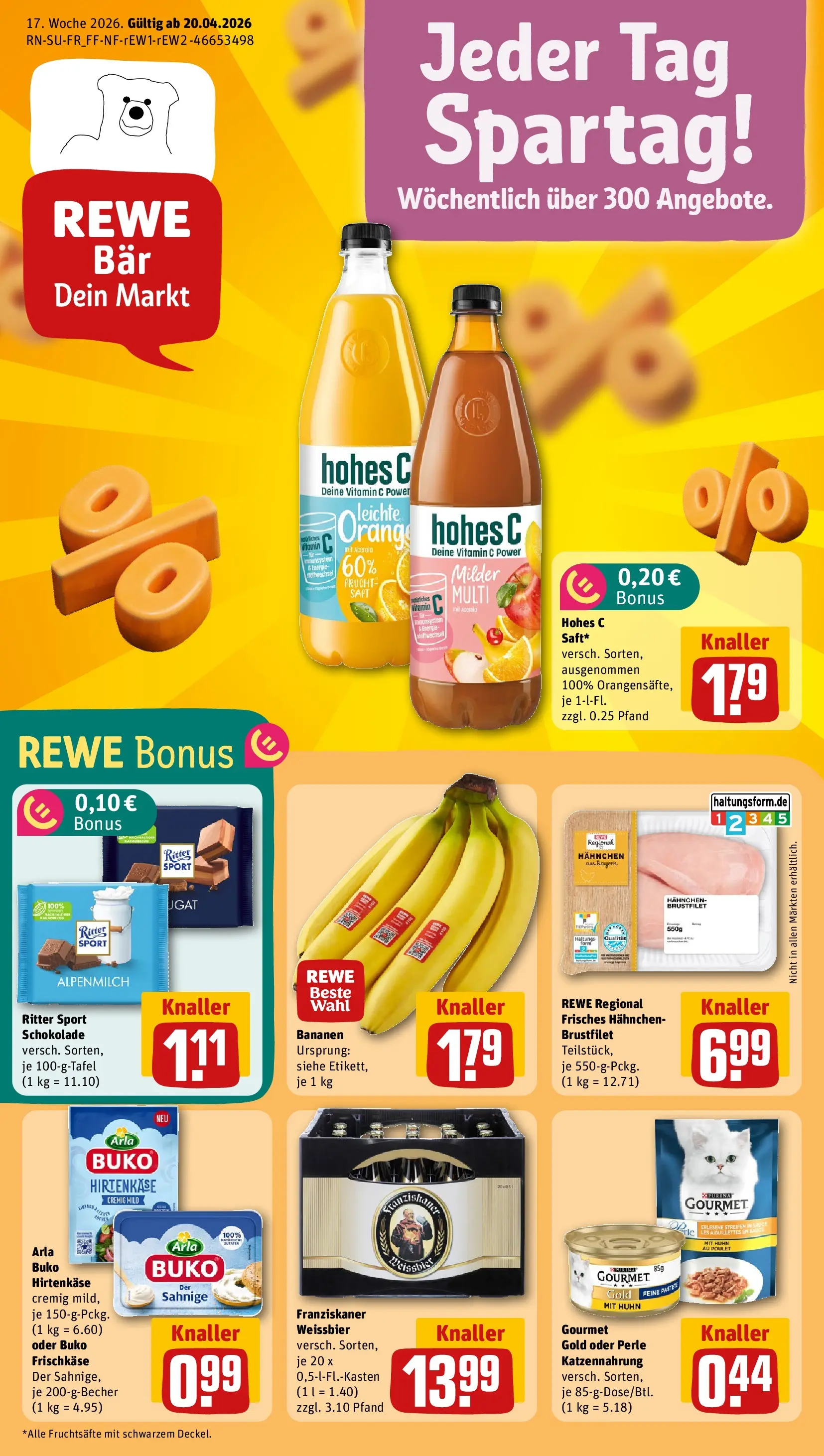 REWE Prospekt ab 20.04.2026 zum Blättern » Angebote | Seite: 1 | Produkte: Franziskaner, Weißbier, Arla buko, Hohes c