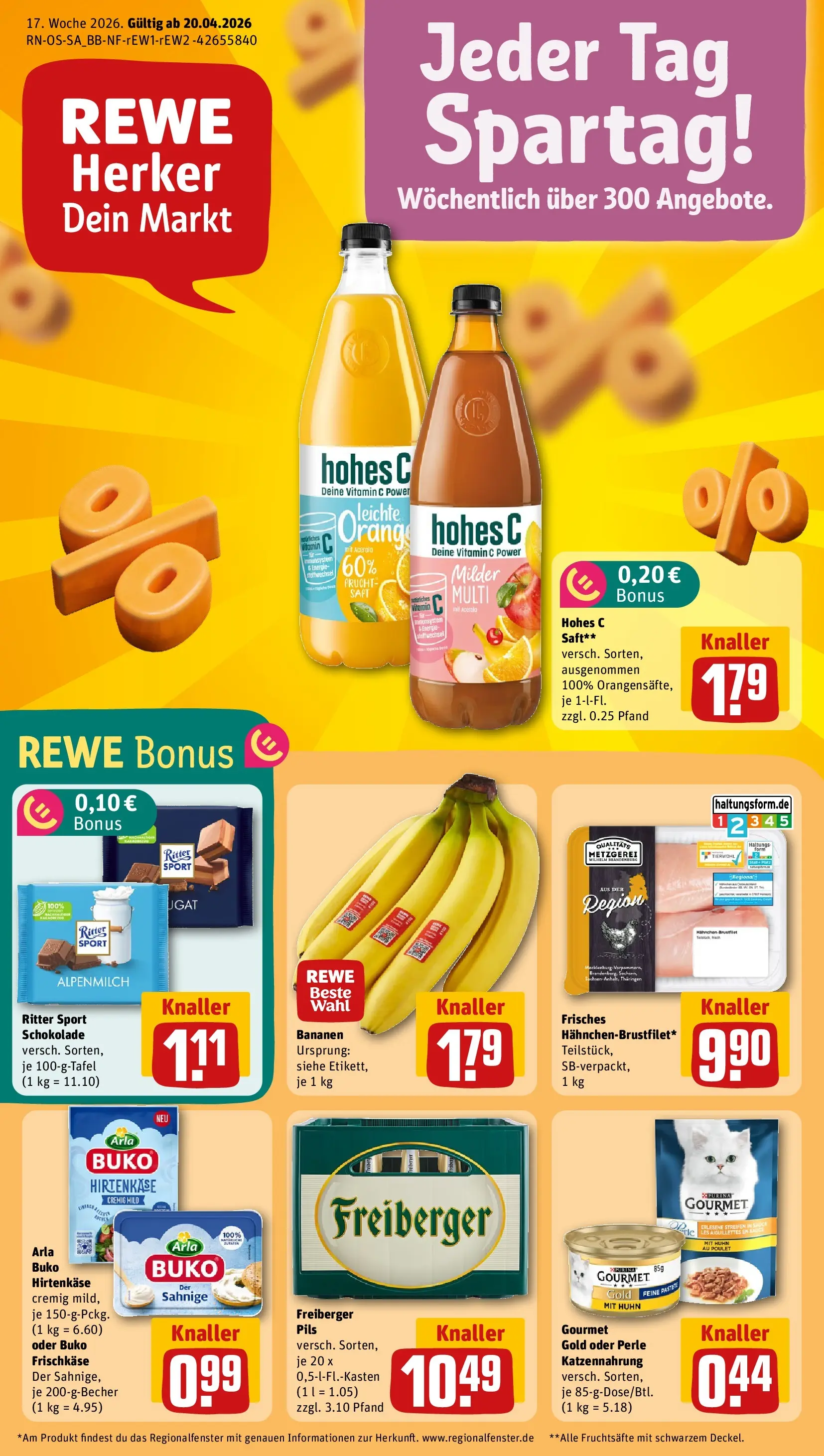 REWE Prospekt ab 20.04.2026 zum Blättern » Angebote | Seite: 1 | Produkte: Hahnchen, Schokolade, Pils, Hohes c