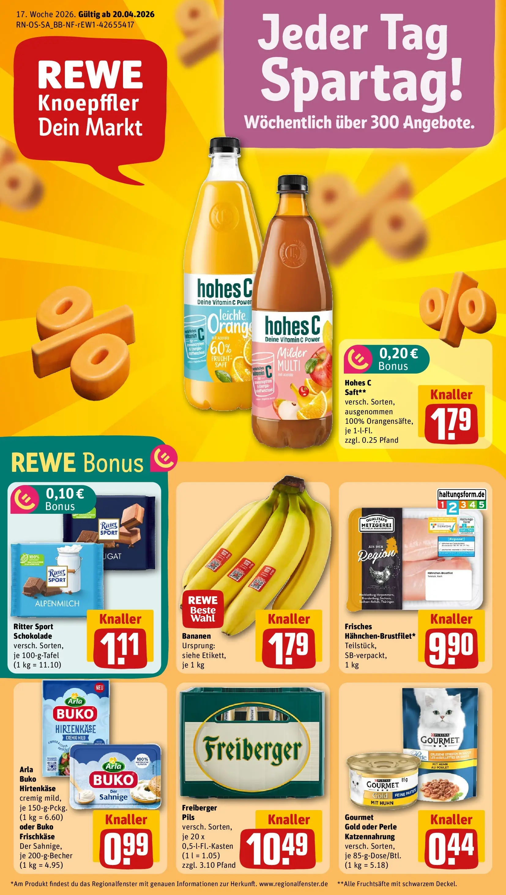 REWE Prospekt ab 20.04.2026 zum Blättern » Angebote | Seite: 1 | Produkte: Ritter sport, Pils, Bananen, Saft