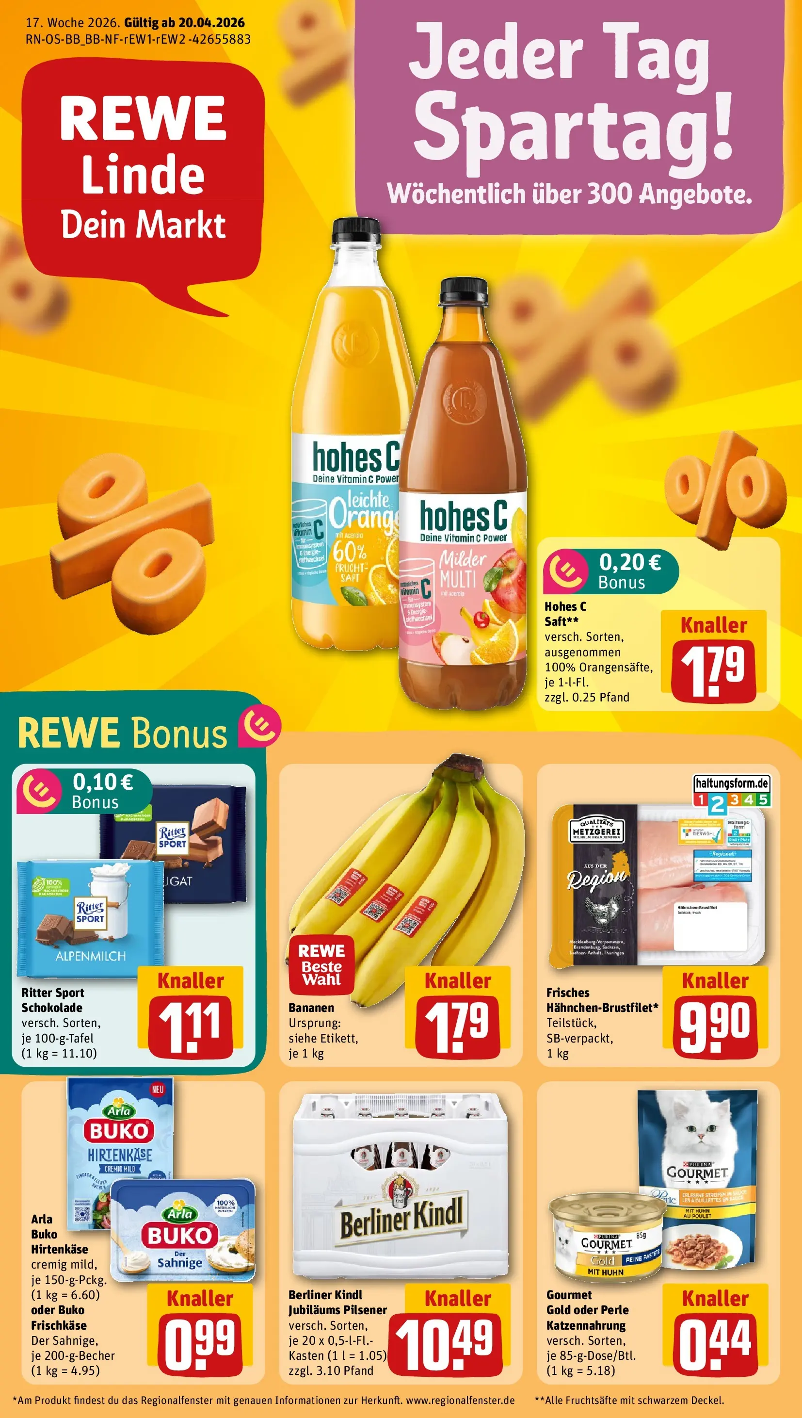 REWE Prospekt ab 20.04.2026 zum Blättern » Angebote | Seite: 1 | Produkte: Hahnchen, Schokolade, Ritter sport, Arla buko