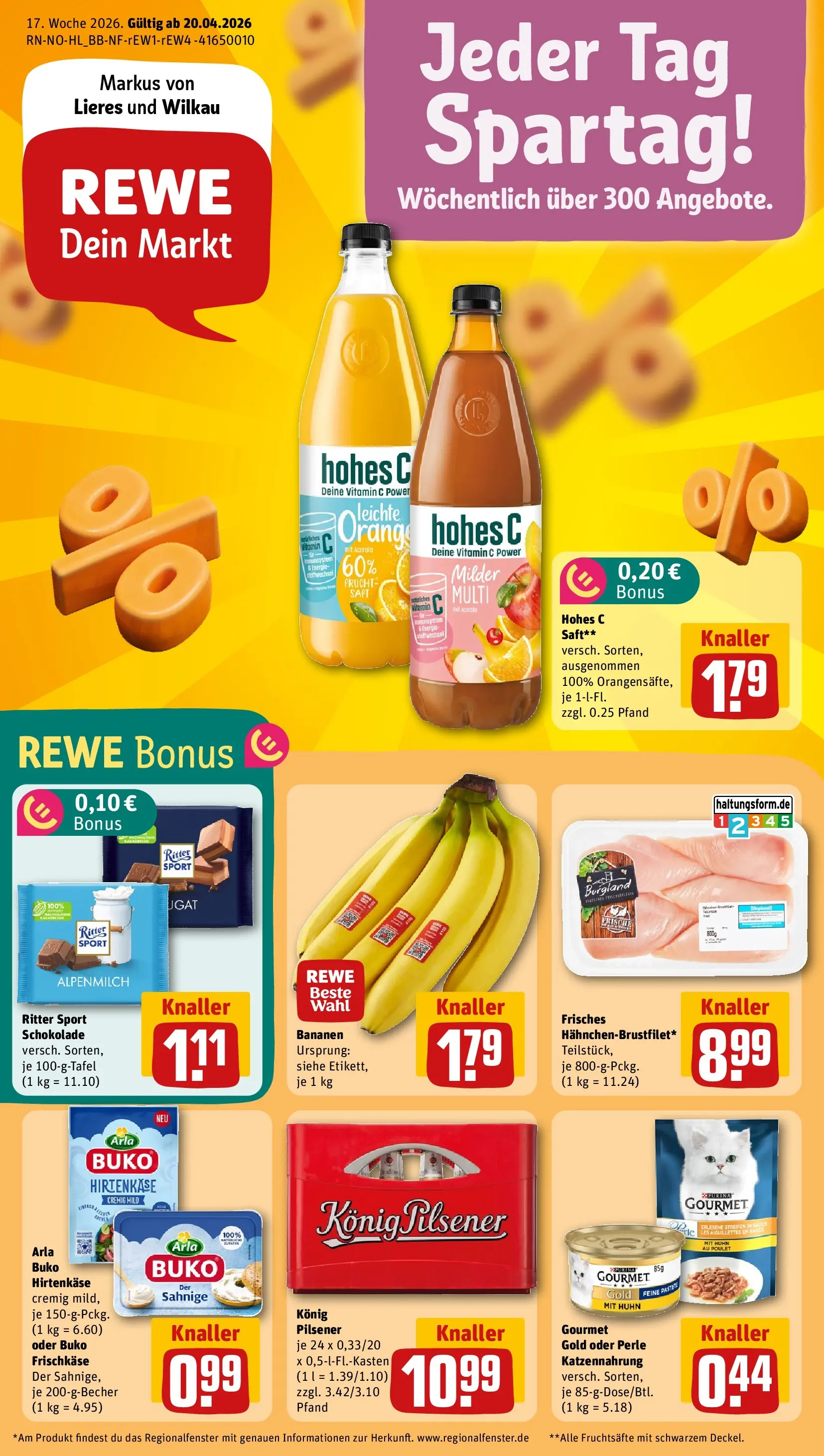 REWE Prospekt ab 20.04.2026 zum Blättern » Angebote | Seite: 1 | Produkte: Konig pilsener, Schokolade, Ritter sport, Hohes c