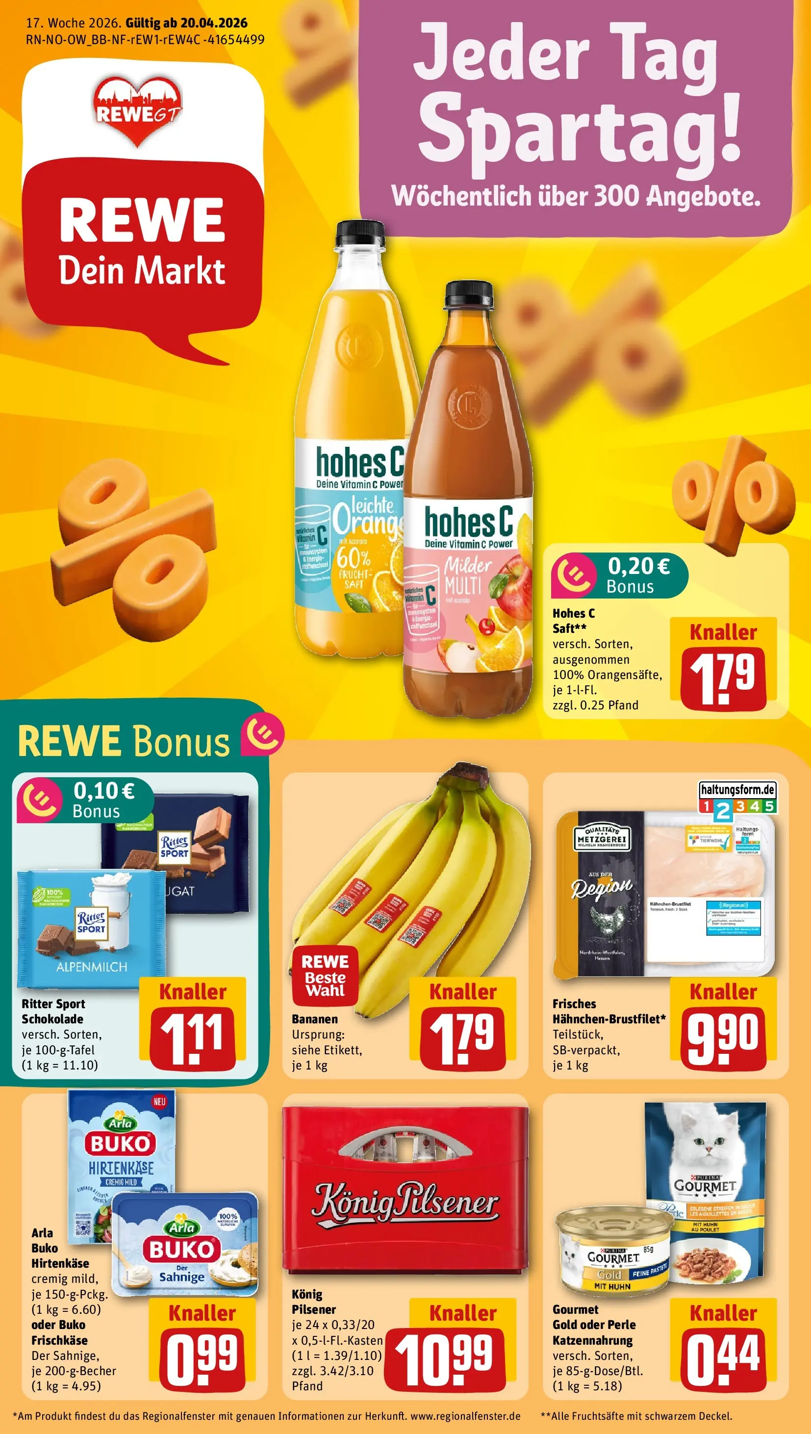 REWE Prospekt ab 20.04.2026 zum Blättern » Angebote | Seite: 1 | Produkte: Konig pilsener, Arla buko, Saft, Frischkase