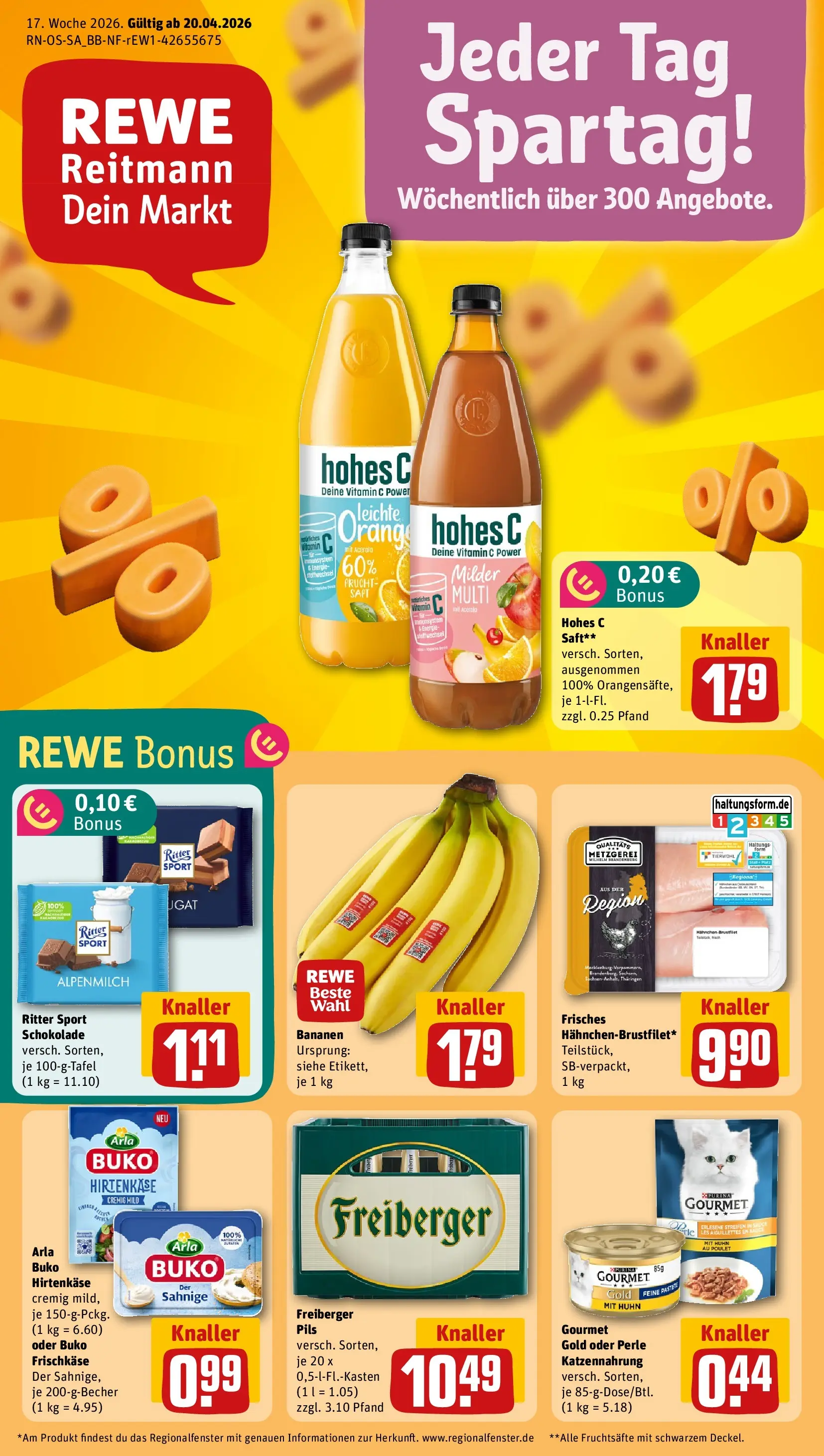 REWE Prospekt ab 20.04.2026 zum Blättern » Angebote | Seite: 1 | Produkte: Schokolade, Arla buko, Saft, Frischkase