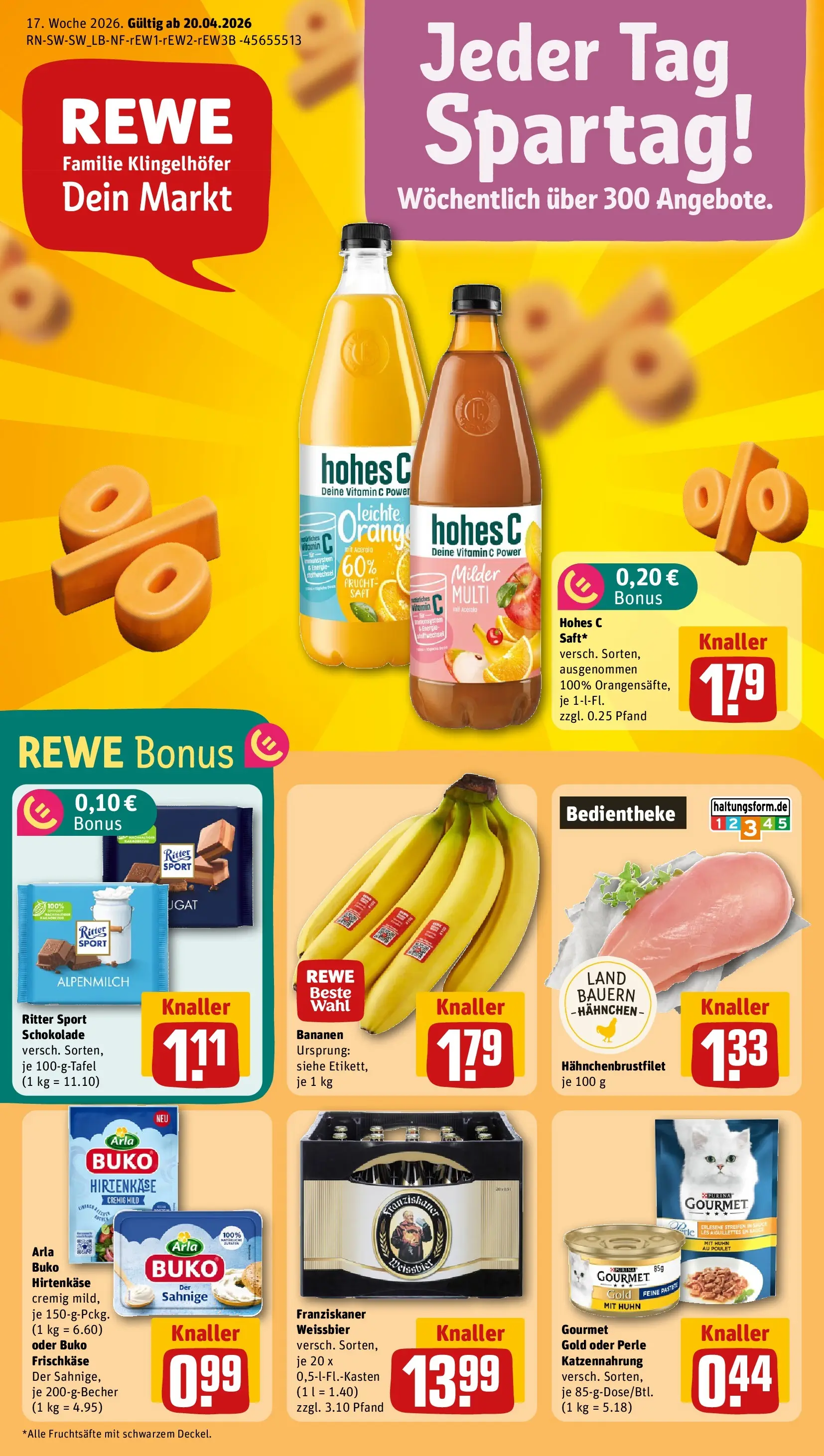 REWE Prospekt ab 20.04.2026 zum Blättern » Angebote | Seite: 1 | Produkte: Hahnchen, Schokolade, Ritter sport, Saft