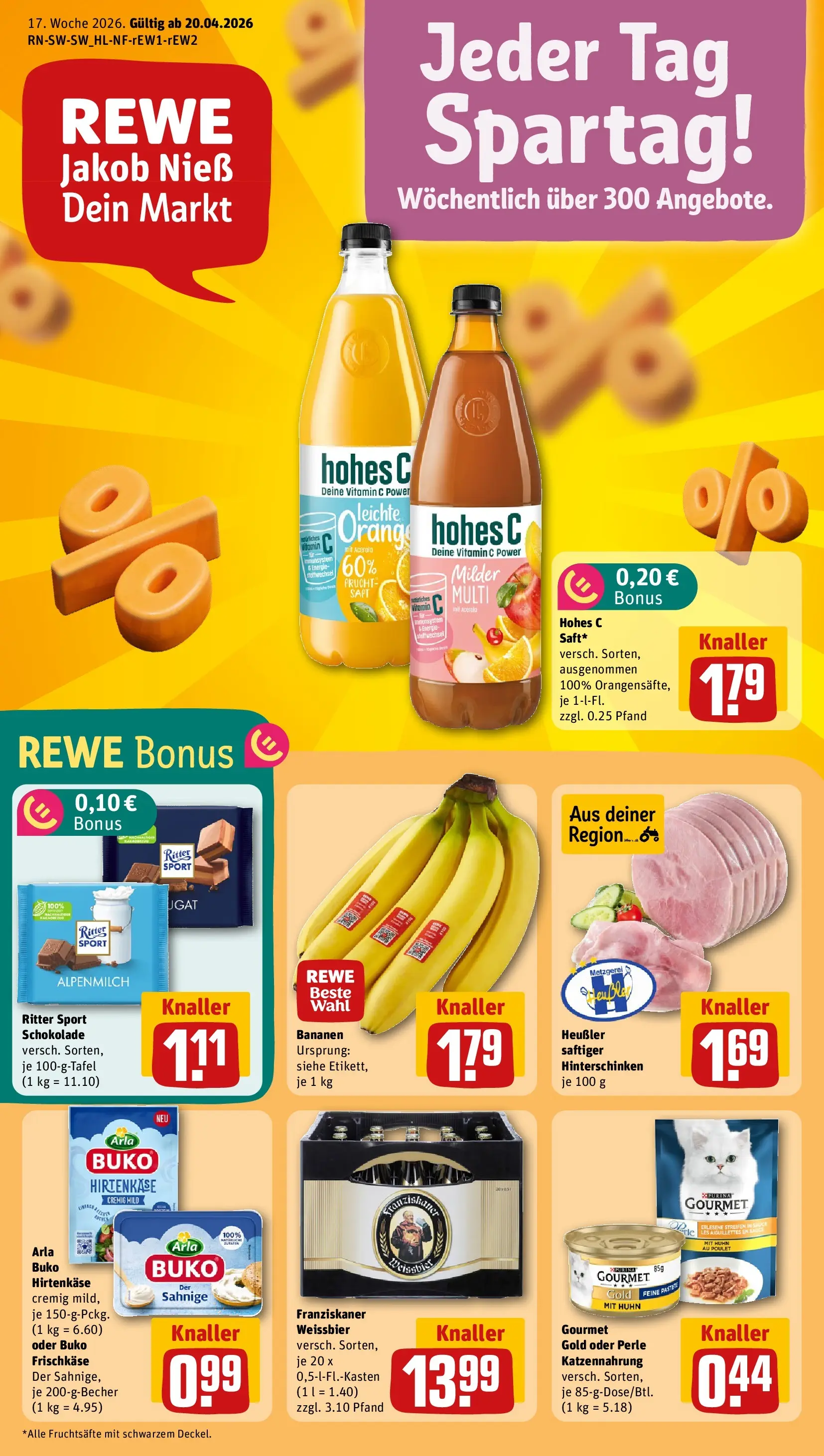 REWE Prospekt ab 20.04.2026 zum Blättern » Angebote | Seite: 1 | Produkte: Weißbier, Bananen, Arla buko, Hohes c