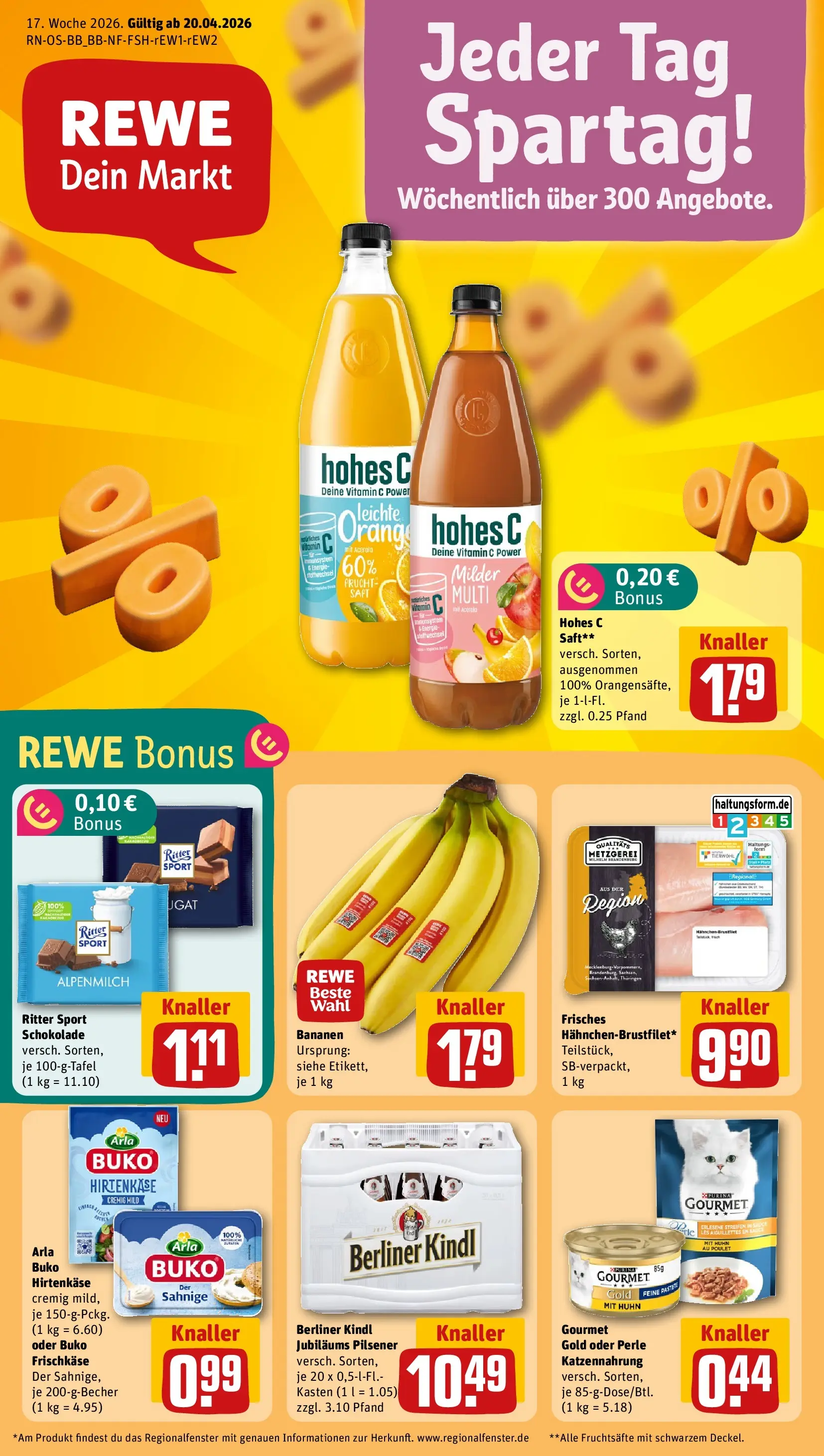REWE Prospekt ab 20.04.2026 zum Blättern » Angebote | Seite: 1 | Produkte: Hahnchen, Bananen, Arla buko, Saft