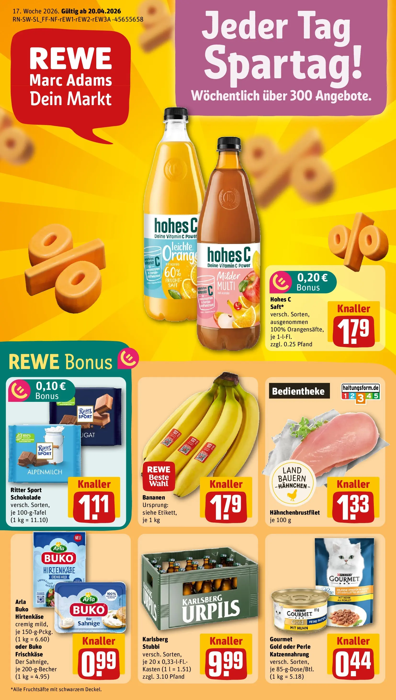 REWE Prospekt ab 20.04.2026 zum Blättern » Angebote | Seite: 1 | Produkte: Schokolade, Ritter sport, Bananen, Frischkase