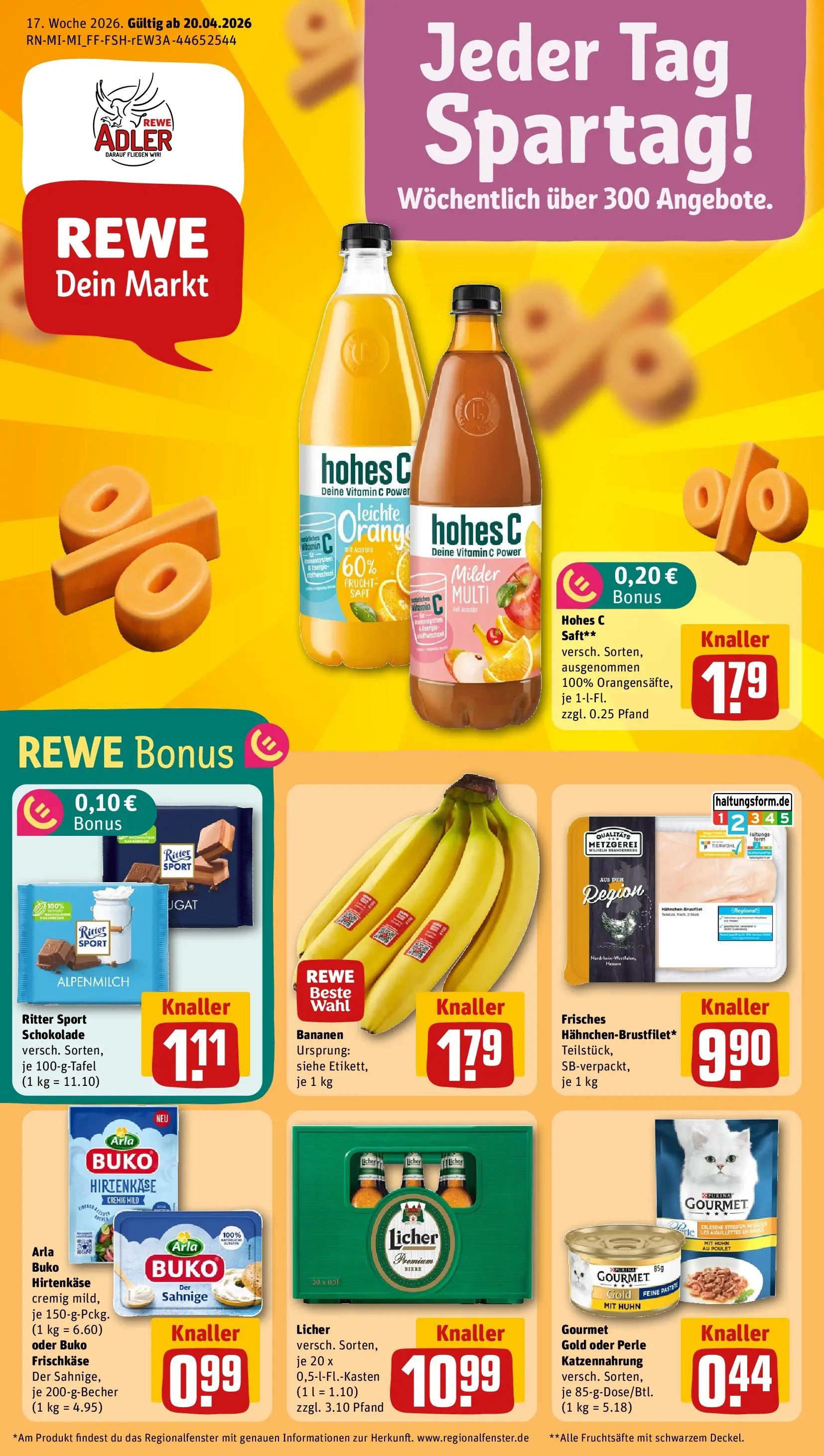 REWE Prospekt ab 20.04.2026 zum Blättern » Angebote | Seite: 1 | Produkte: Schokolade, Bananen, Hohes c, Saft