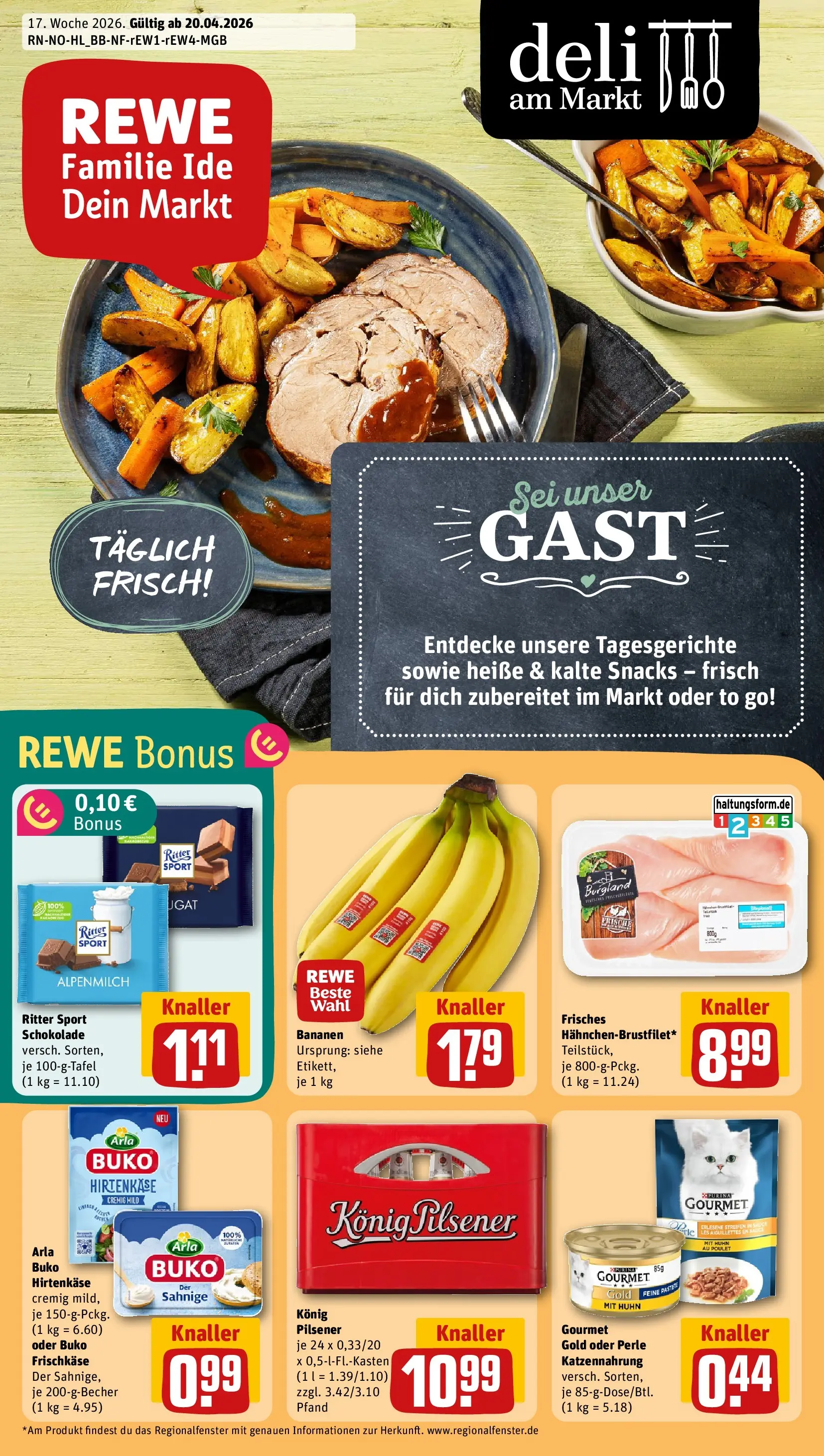 REWE Prospekt ab 20.04.2026 zum Blättern » Angebote | Seite: 1 | Produkte: Schokolade, Ritter sport, Bananen, Frischkase