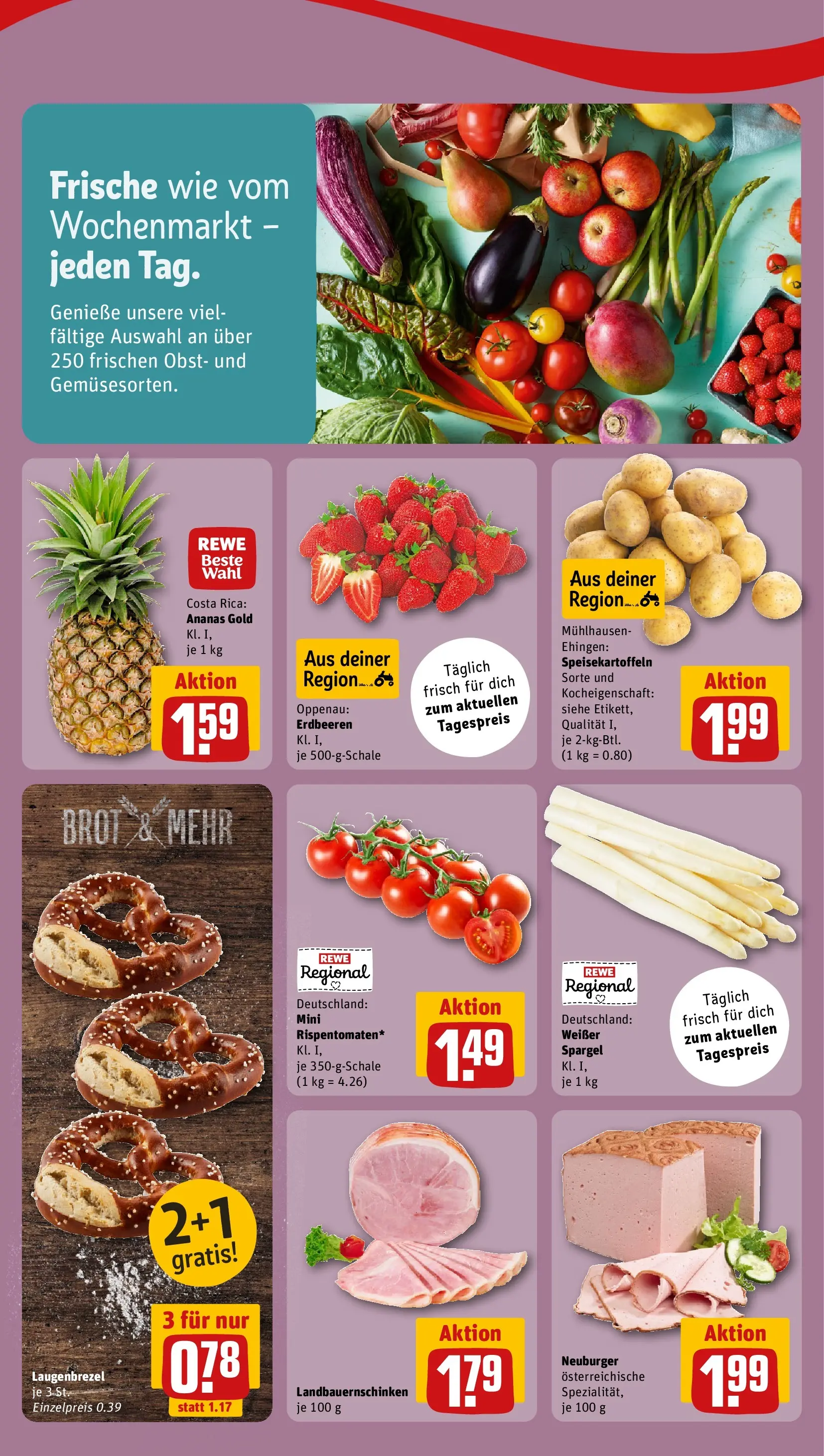 REWE Prospekt ab 20.04.2026 zum Blättern » Angebote | Seite: 2 | Produkte: Spargel, Obst, Brot, Erdbeeren