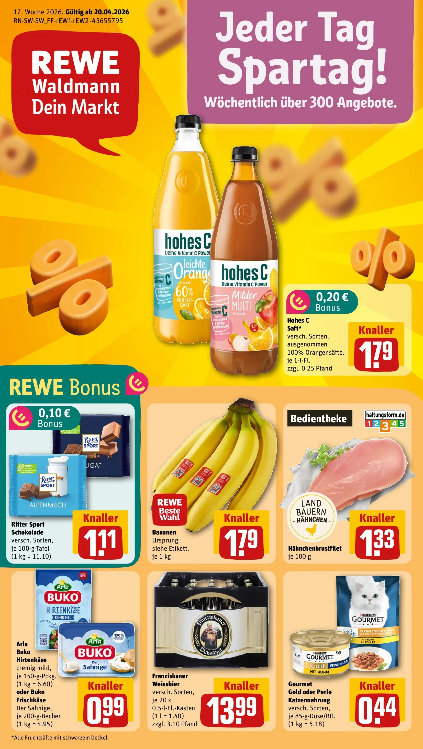 REWE Prospekt ab 20.04.2026 zum Blättern » Angebote | Seite: 1 | Produkte: Franziskaner, Hahnchen, Bananen, Frischkase