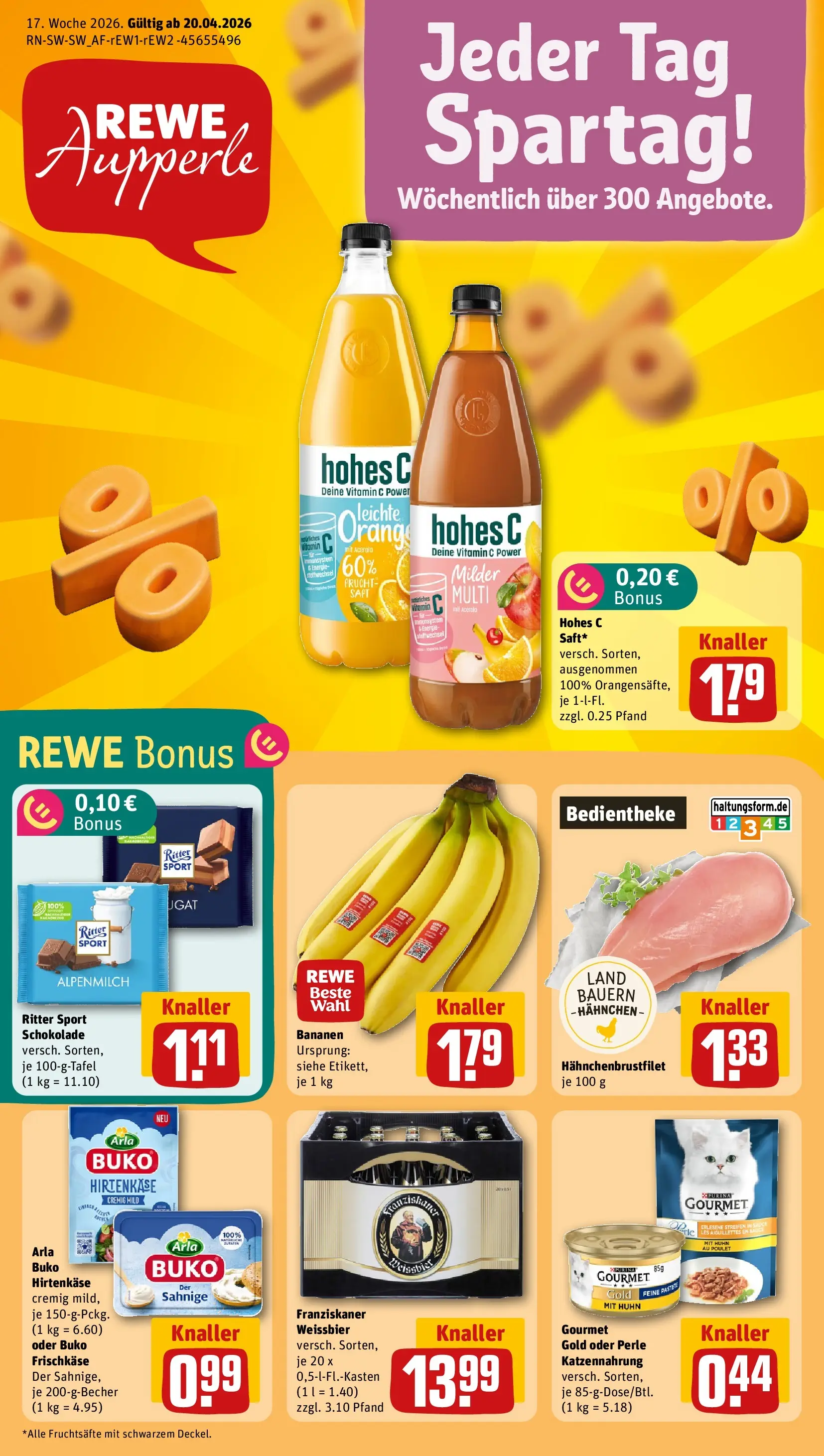 REWE Prospekt ab 20.04.2026 zum Blättern » Angebote | Seite: 1 | Produkte: Schokolade, Weißbier, Ritter sport, Arla buko