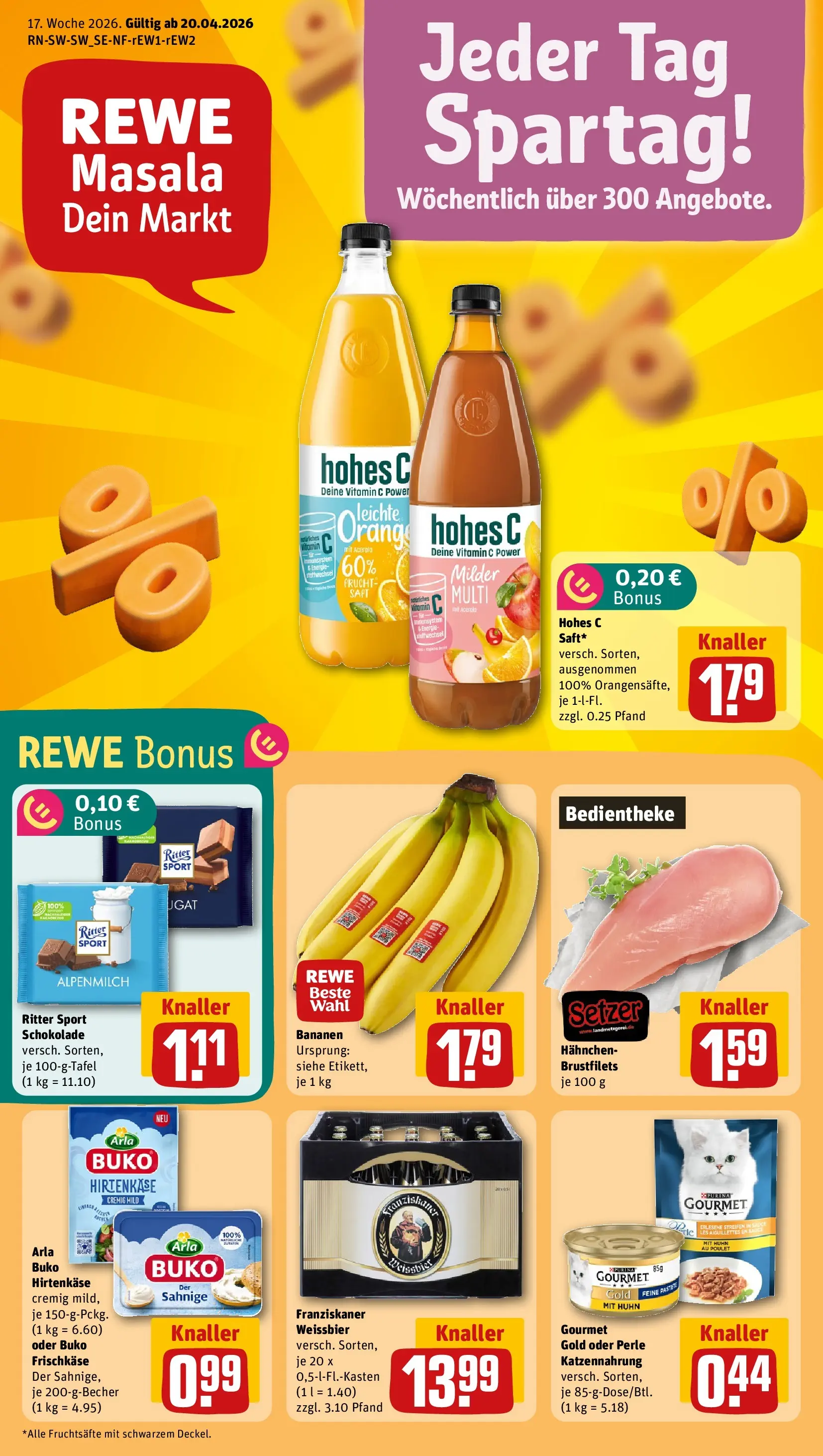 REWE Prospekt ab 20.04.2026 zum Blättern » Angebote | Seite: 1 | Produkte: Hahnchen, Ritter sport, Hohes c, Frischkase