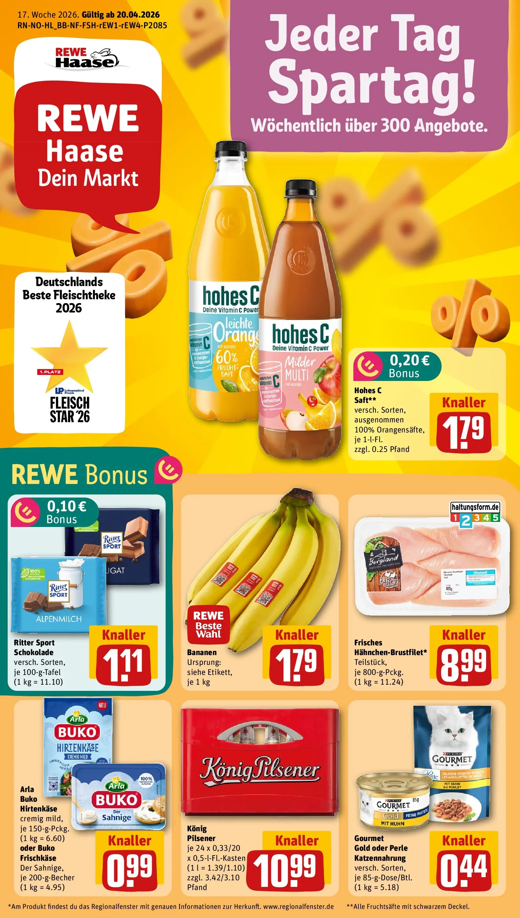 REWE Prospekt ab 20.04.2026 zum Blättern » Angebote | Seite: 1 | Produkte: Schokolade, Bananen, Arla buko, Frischkase