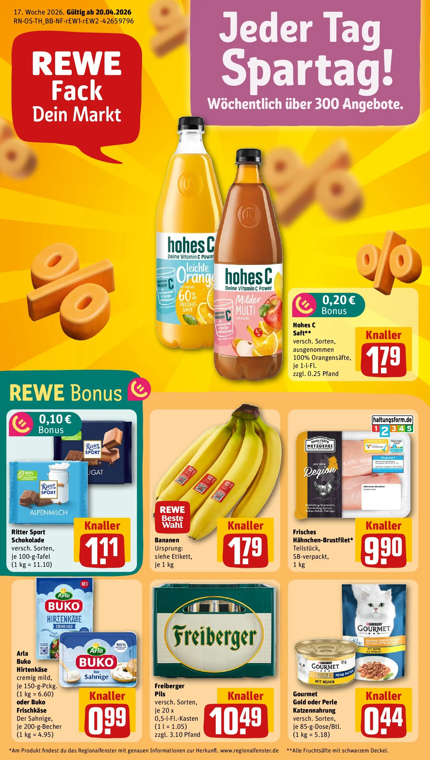 REWE Prospekt ab 20.04.2026 zum Blättern » Angebote | Seite: 1 | Produkte: Ritter sport, Pils, Arla buko, Saft