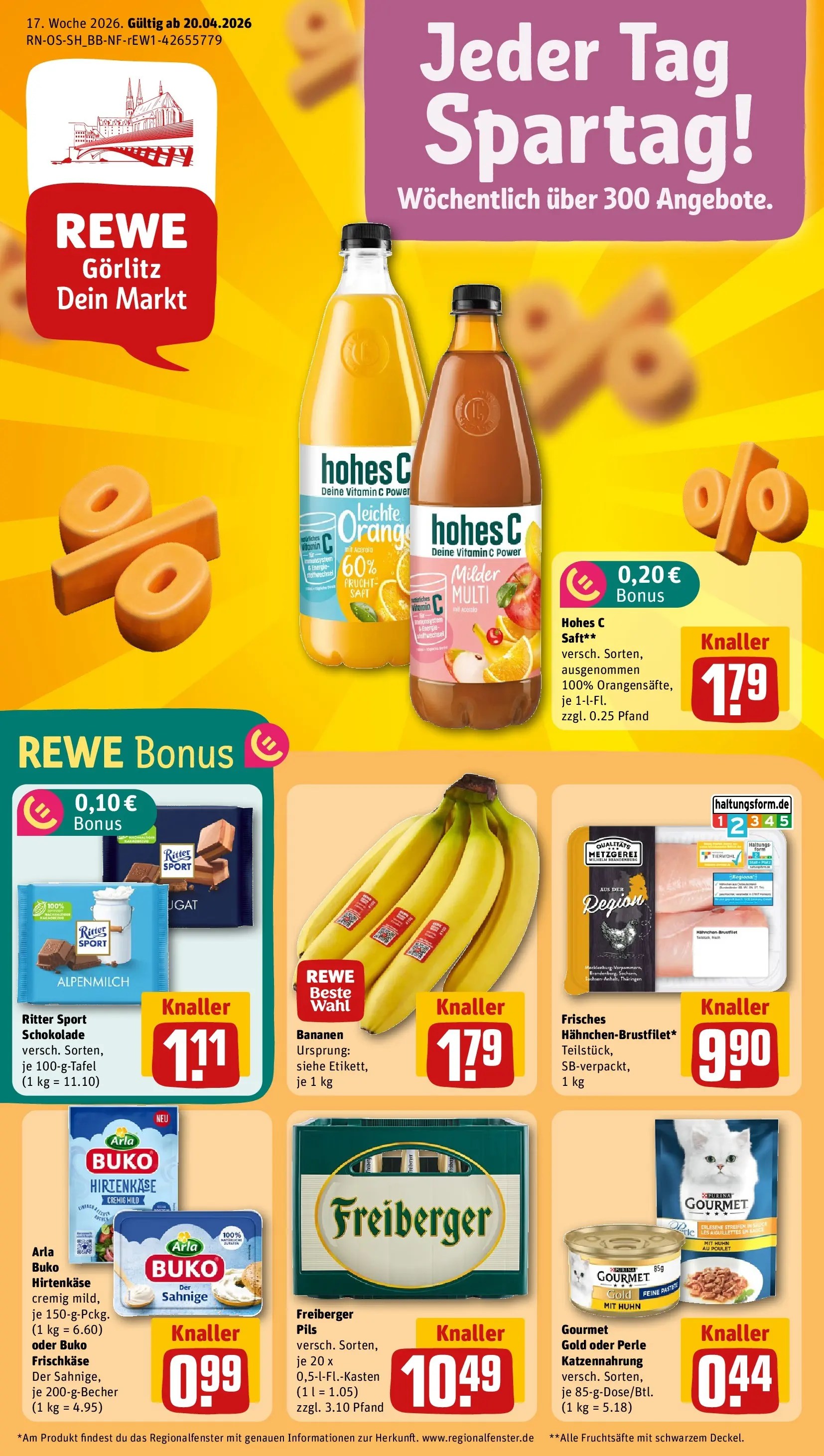 REWE Prospekt ab 20.04.2026 zum Blättern » Angebote | Seite: 1 | Produkte: Ritter sport, Bananen, Arla buko, Hohes c