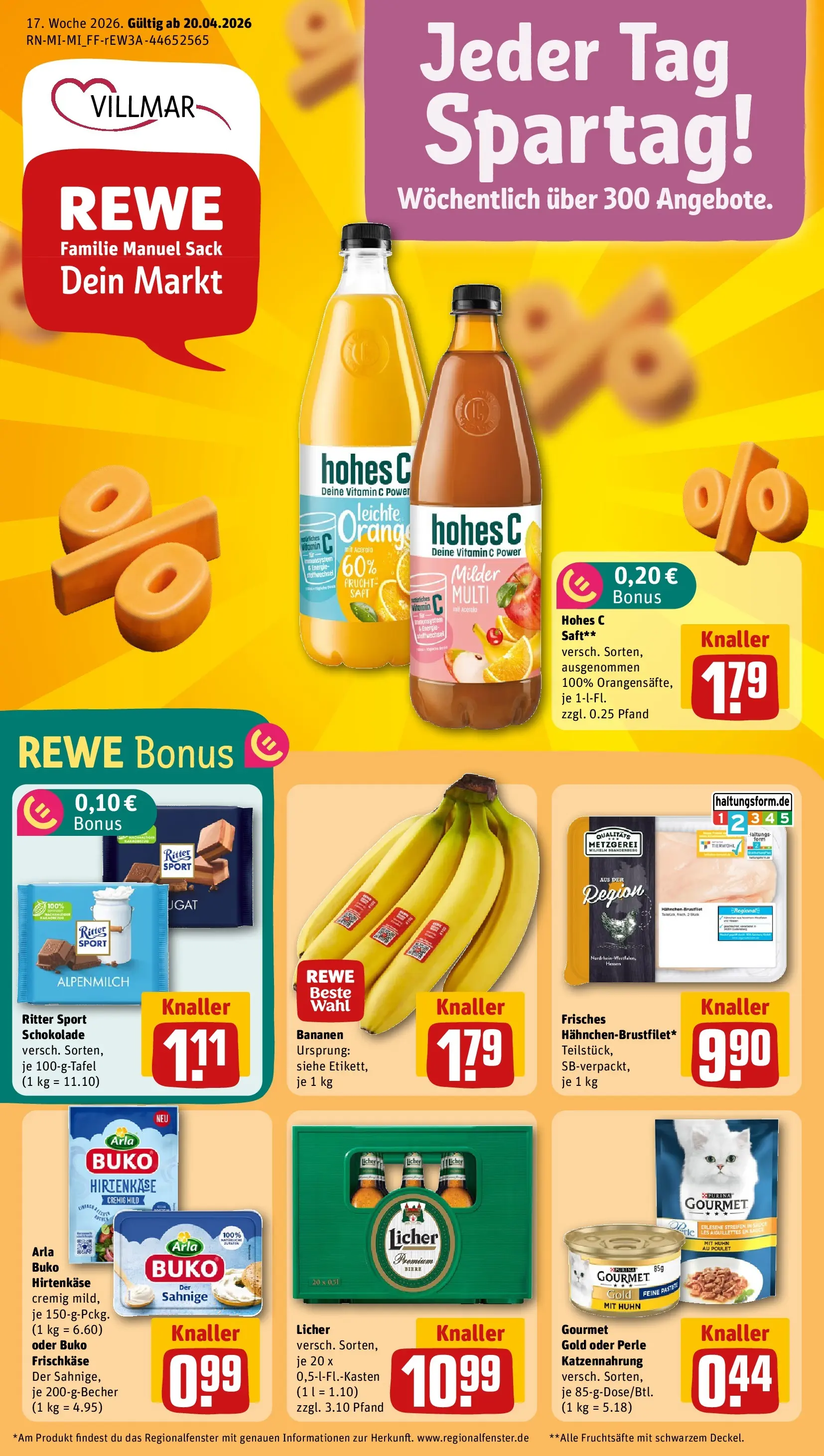 REWE Prospekt ab 20.04.2026 zum Blättern » Angebote | Seite: 1 | Produkte: Schokolade, Bananen, Arla buko, Saft
