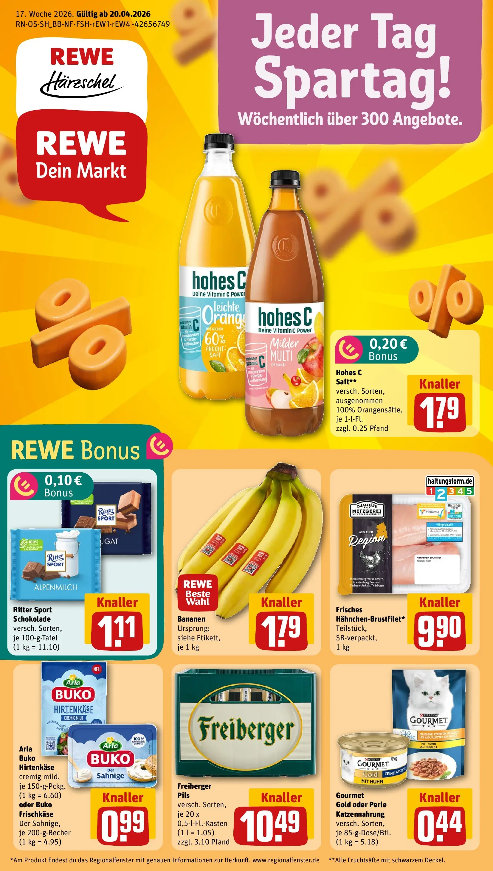 REWE Prospekt ab 20.04.2026 zum Blättern » Angebote | Seite: 1 | Produkte: Hahnchen, Ritter sport, Pils, Saft