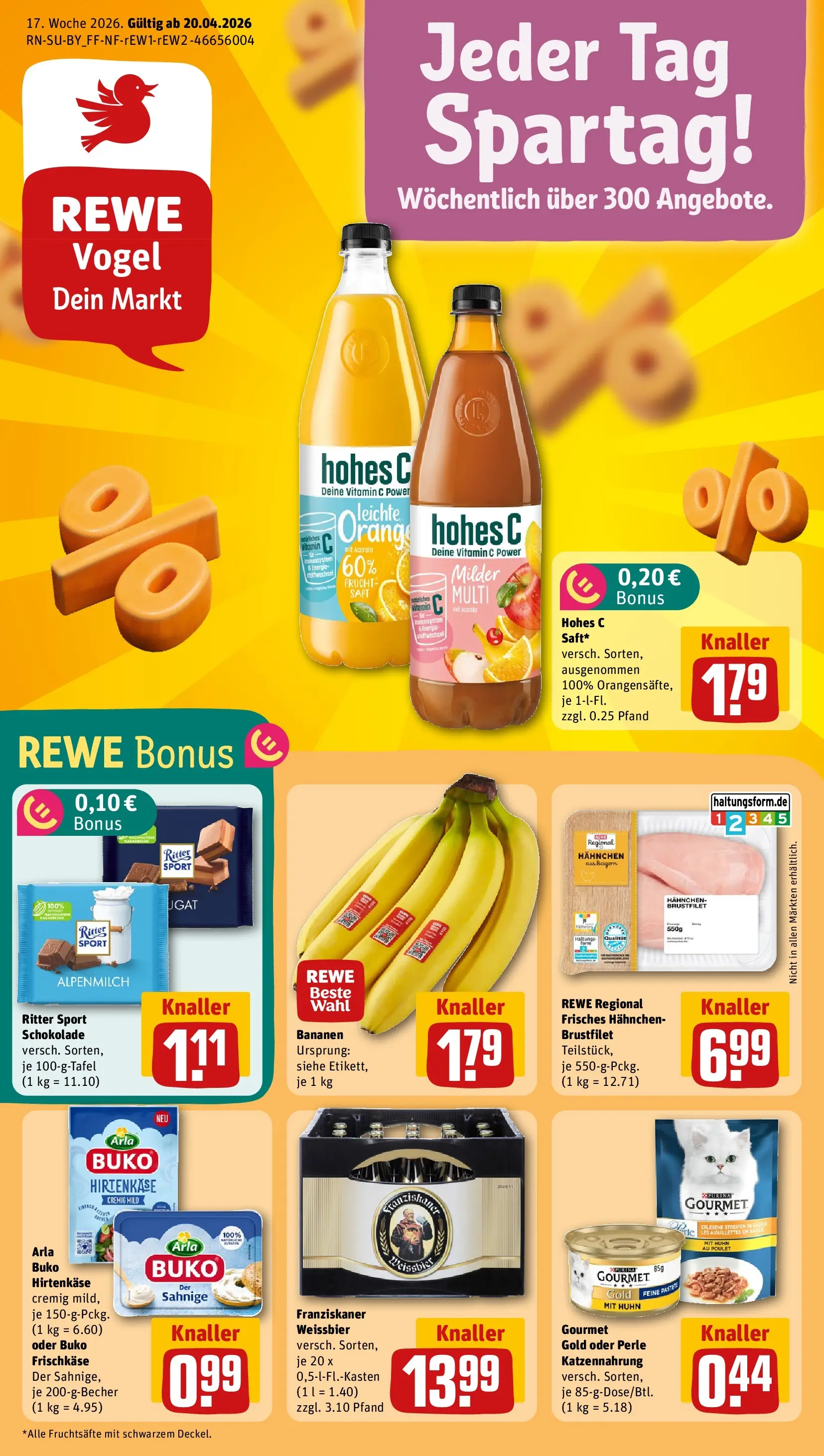 REWE Prospekt ab 20.04.2026 zum Blättern » Angebote | Seite: 1 | Produkte: Schokolade, Weißbier, Ritter sport, Hohes c