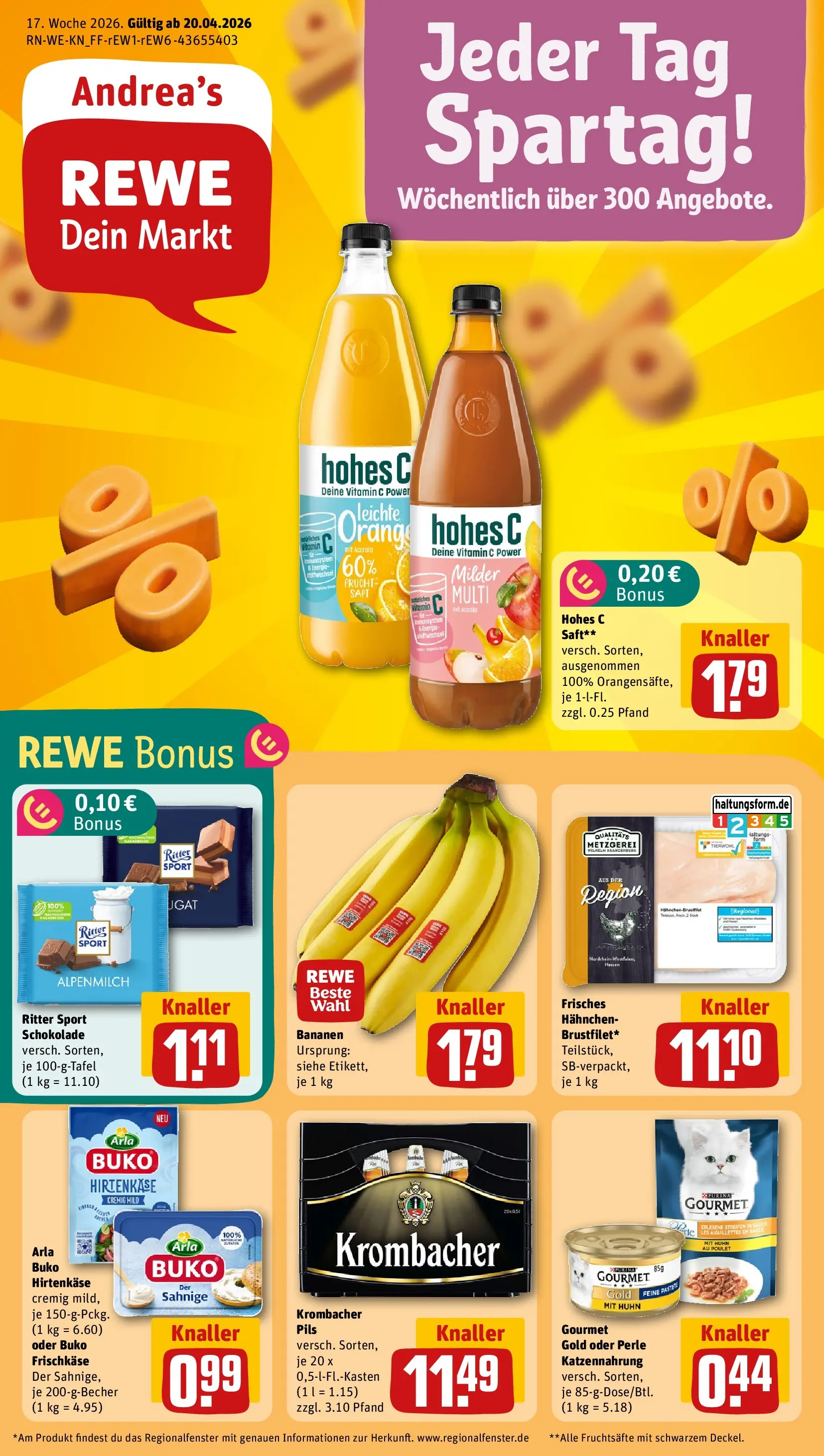 REWE Prospekt ab 20.04.2026 zum Blättern » Angebote | Seite: 1 | Produkte: Hahnchen, Arla buko, Hohes c, Saft