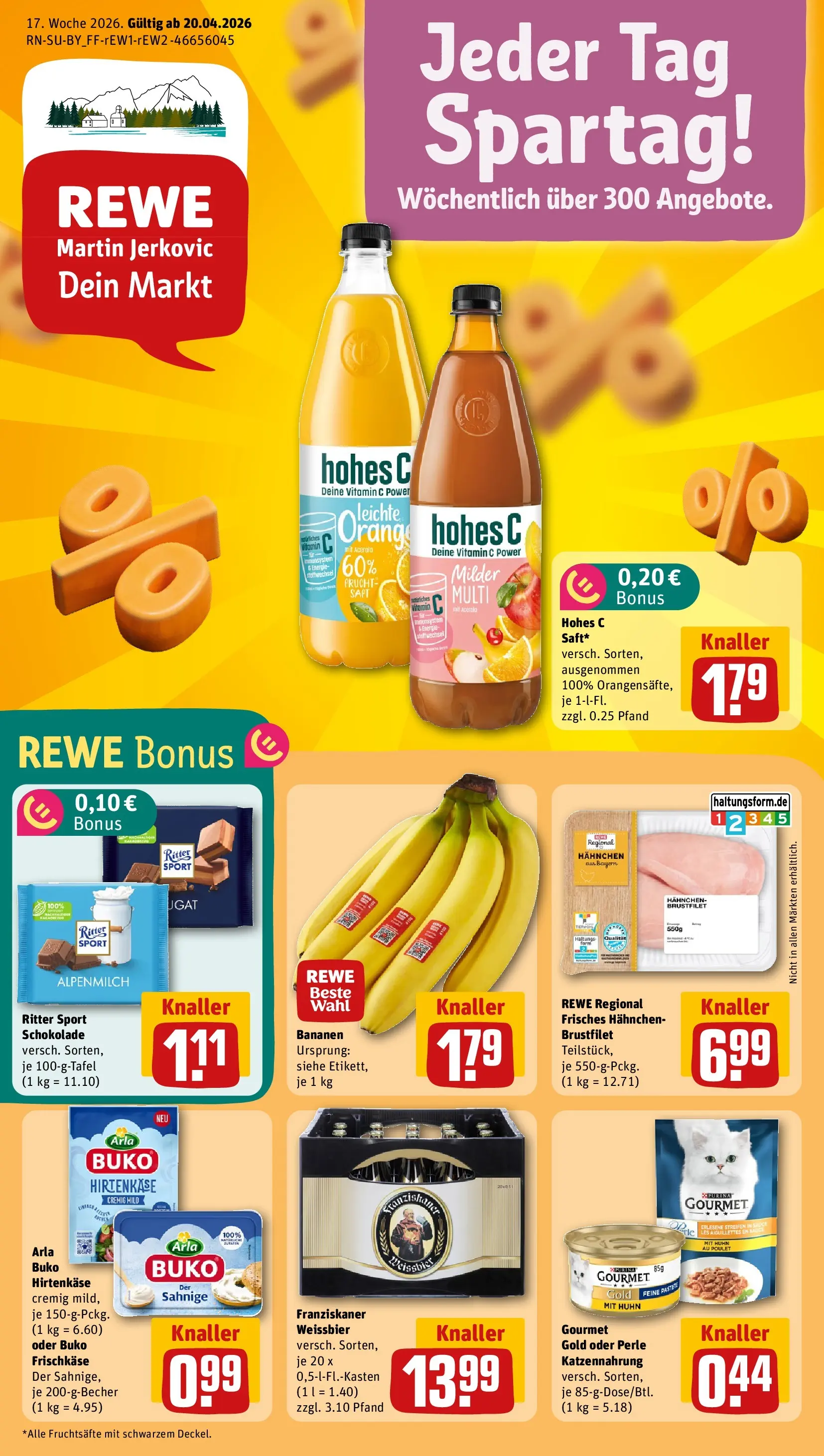 REWE Prospekt ab 20.04.2026 zum Blättern » Angebote | Seite: 1 | Produkte: Franziskaner, Hahnchen, Ritter sport, Arla buko