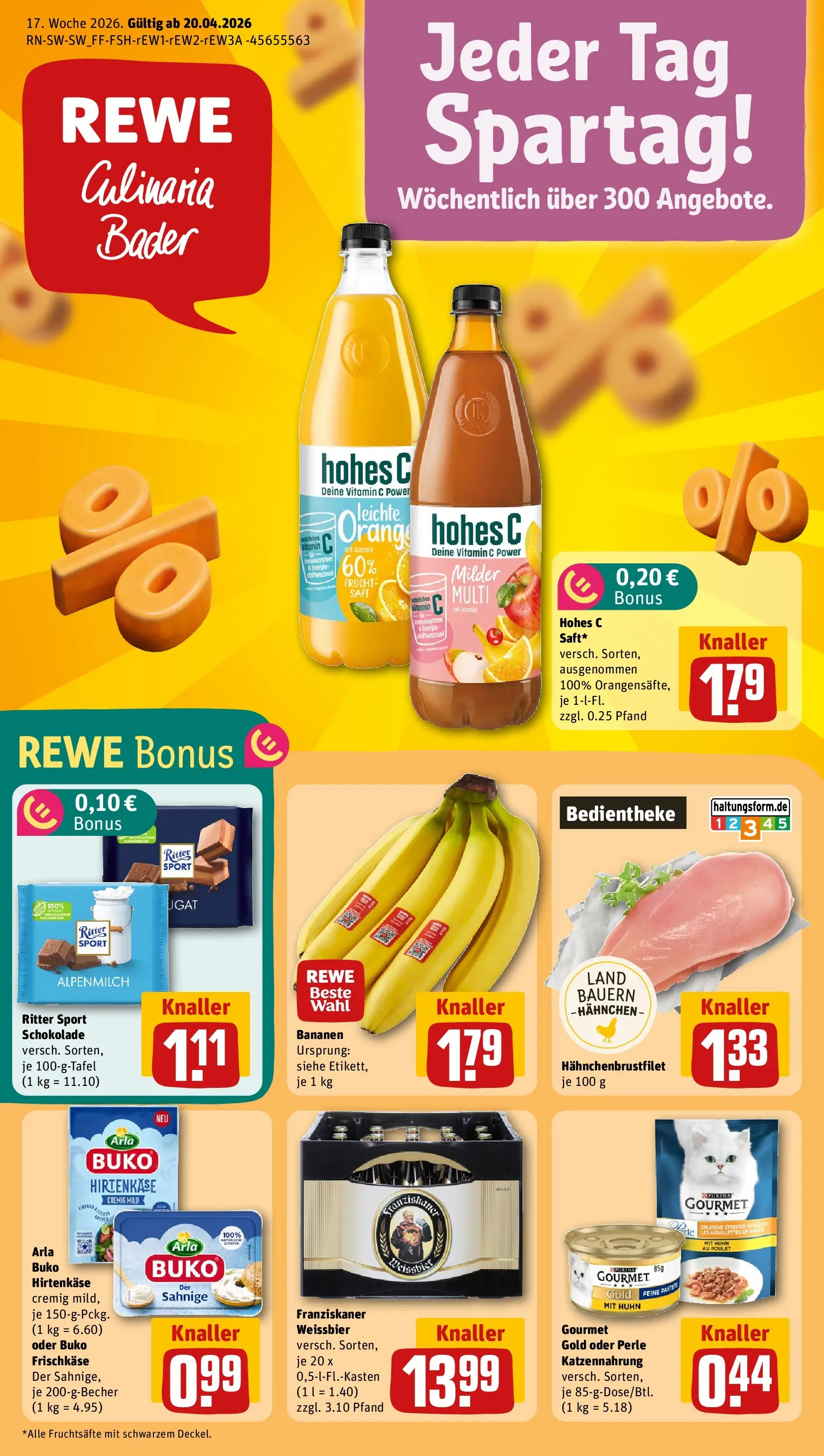 REWE Prospekt ab 20.04.2026 zum Blättern » Angebote | Seite: 1 | Produkte: Hahnchen, Schokolade, Weißbier, Frischkase