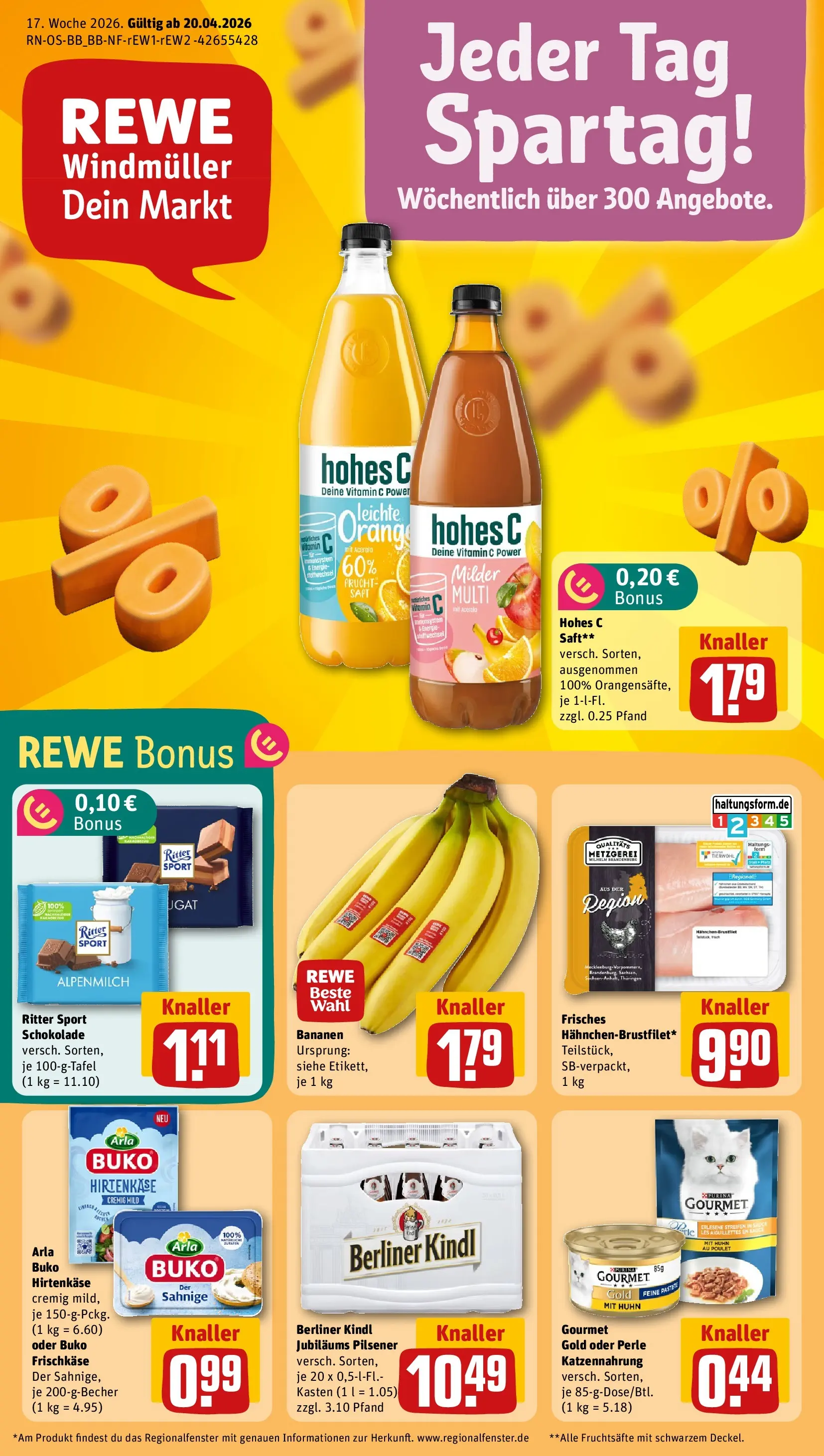 REWE Prospekt ab 20.04.2026 zum Blättern » Angebote | Seite: 1 | Produkte: Berliner, Ritter sport, Hohes c, Saft