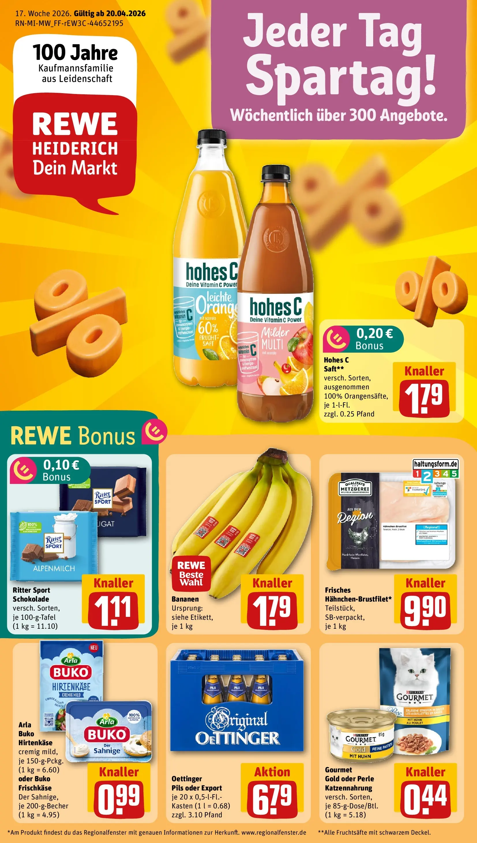 REWE Prospekt ab 20.04.2026 zum Blättern » Angebote | Seite: 1 | Produkte: Oettinger, Arla buko, Hohes c, Saft