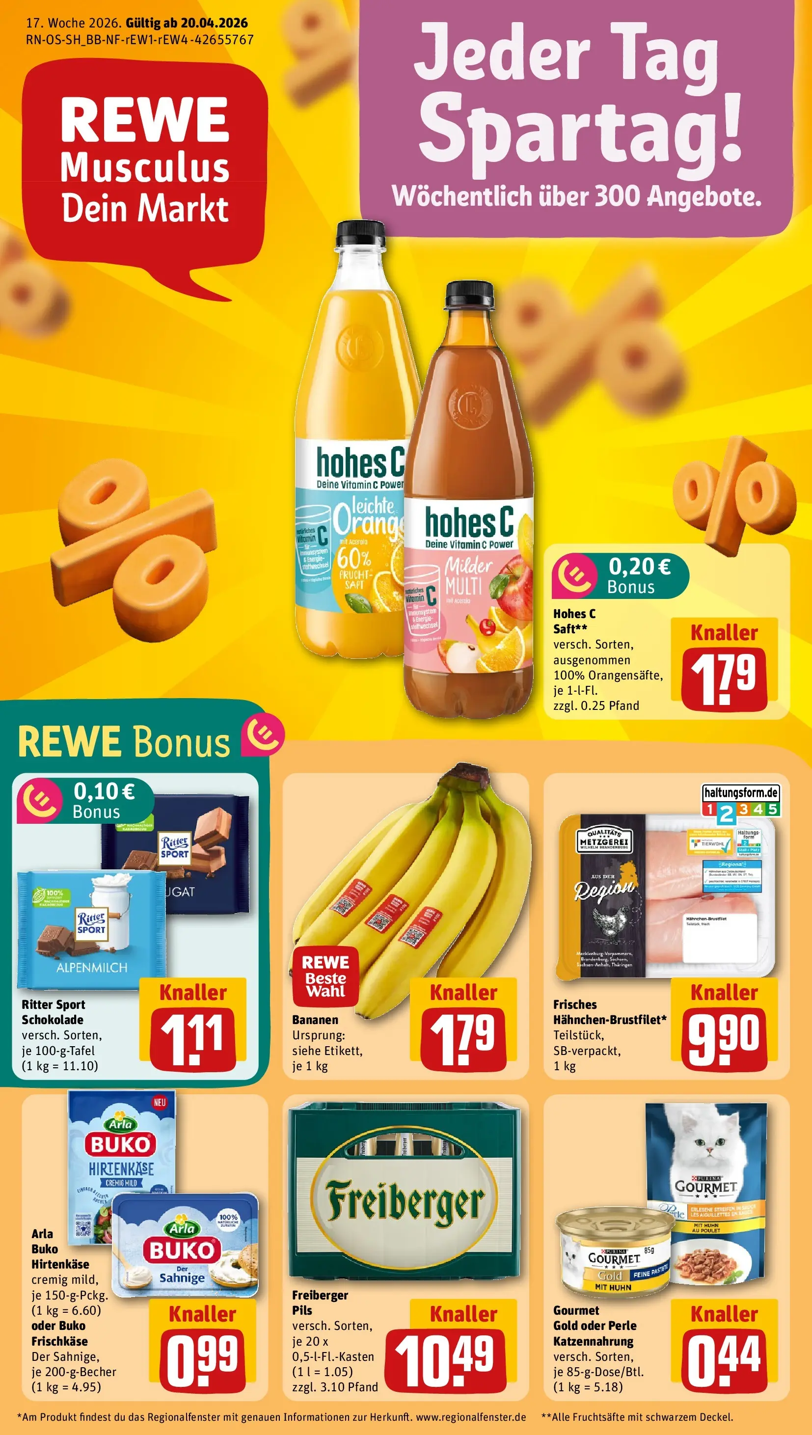 REWE Prospekt ab 20.04.2026 zum Blättern » Angebote | Seite: 1 | Produkte: Bananen, Arla buko, Hohes c, Frischkase