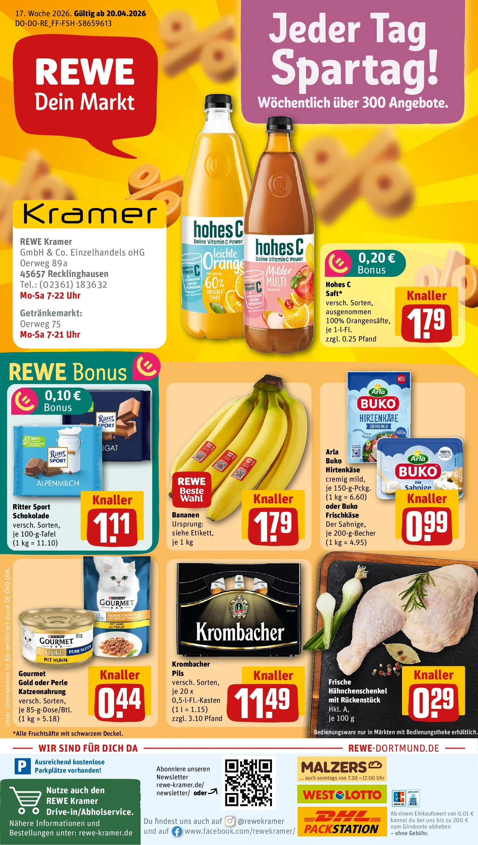 REWE Prospekt ab 20.04.2026 zum Blättern » Angebote | Seite: 1 | Produkte: Schokolade, Pils, Bananen, Arla buko