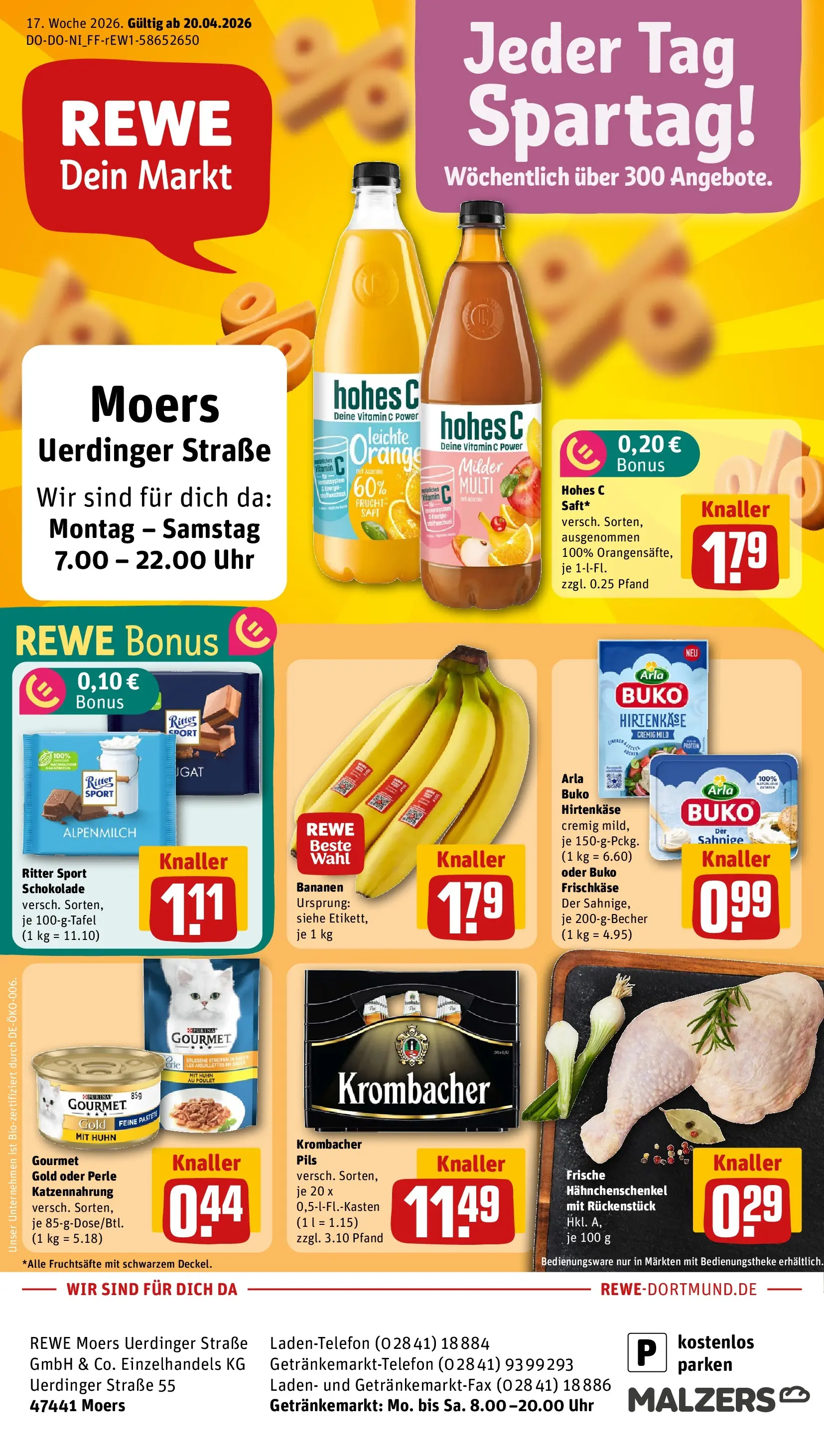 REWE Prospekt ab 20.04.2026 zum Blättern » Angebote | Seite: 1 | Produkte: Arla buko, Krombacher, Hohes c, Uhr