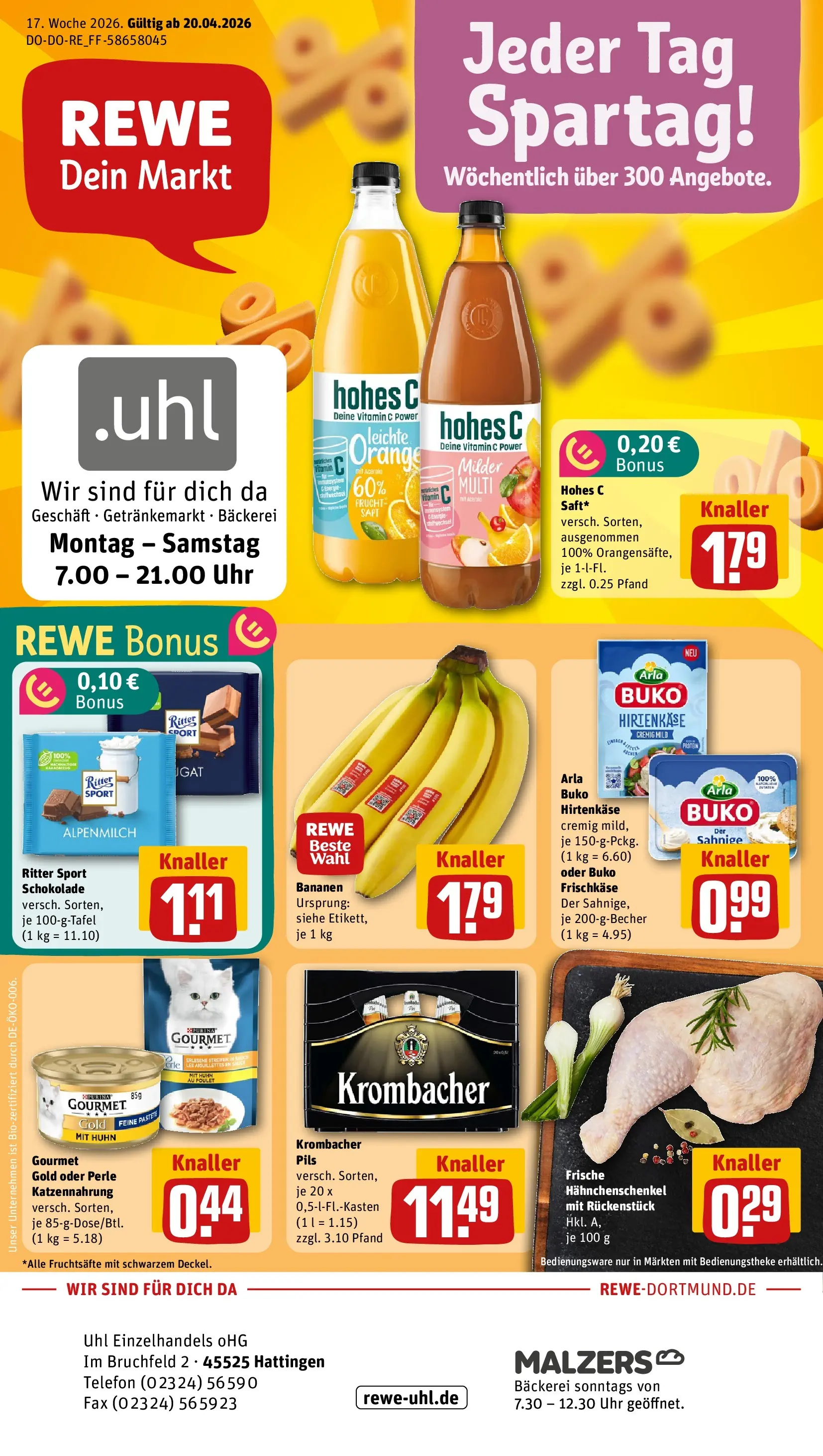 REWE Prospekt ab 20.04.2026 zum Blättern » Angebote | Seite: 1 | Produkte: Ritter sport, Bananen, Telefon, Uhr