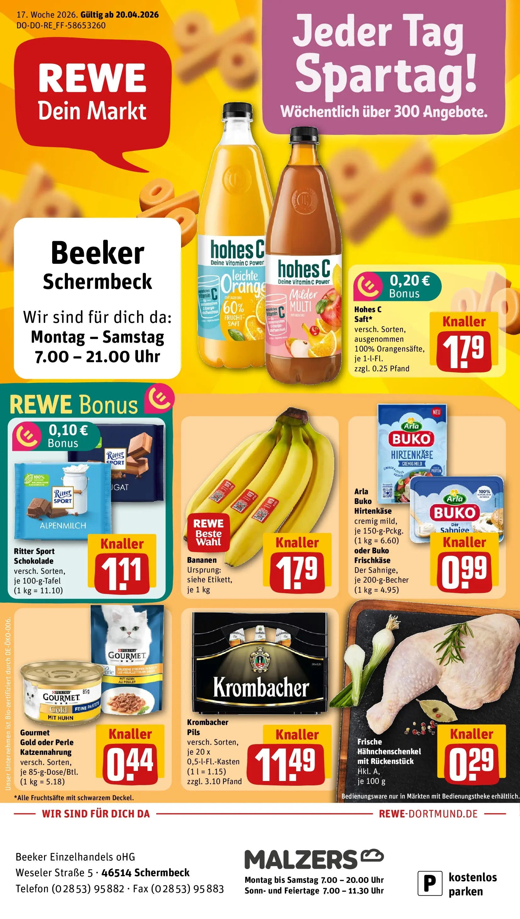 REWE Prospekt ab 20.04.2026 zum Blättern » Angebote | Seite: 1 | Produkte: Pils, Bananen, Krombacher, Hohes c