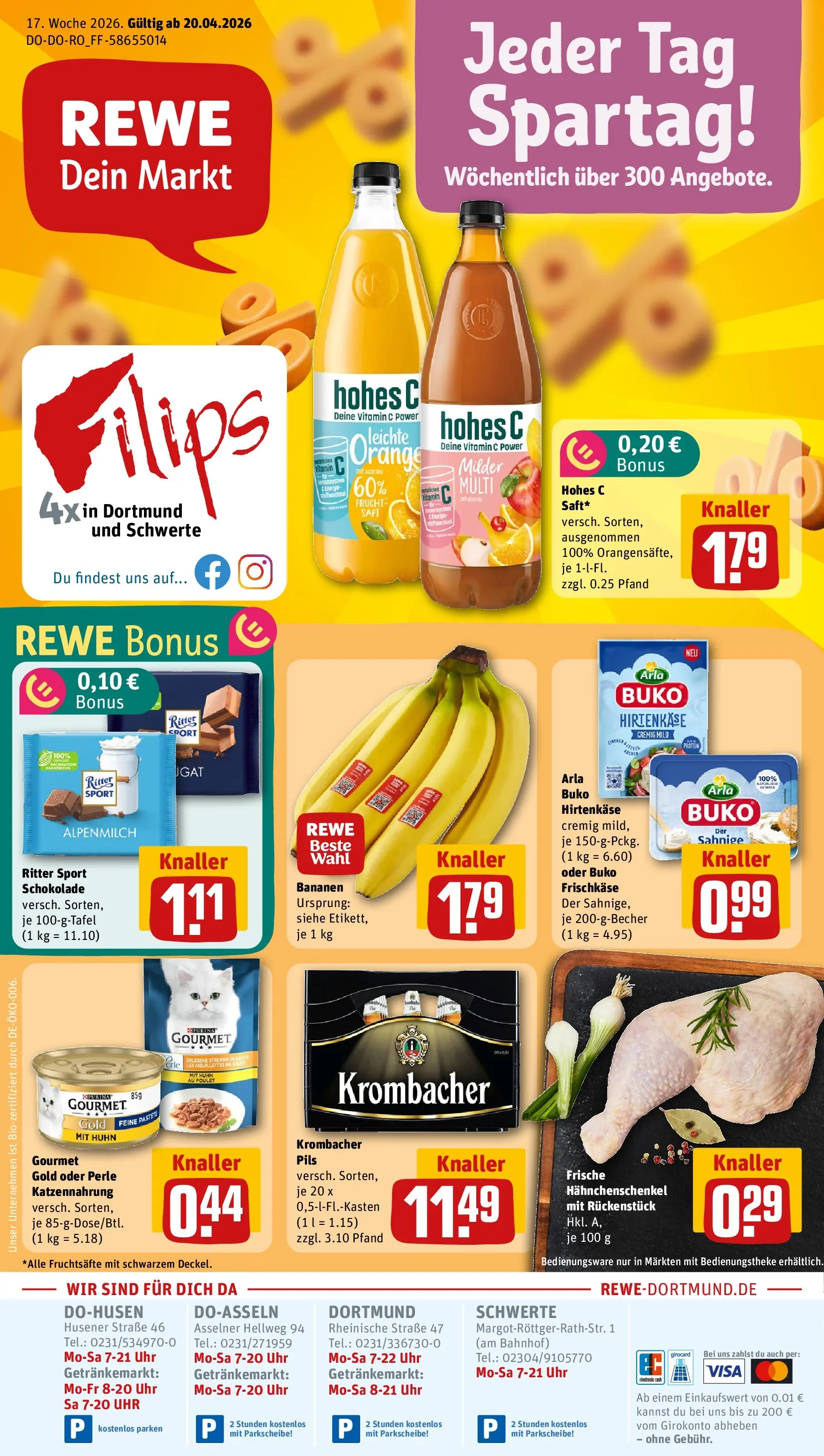REWE Prospekt ab 20.04.2026 zum Blättern » Angebote | Seite: 1 | Produkte: Schokolade, Krombacher, Purina gourmet gold, Frischkase
