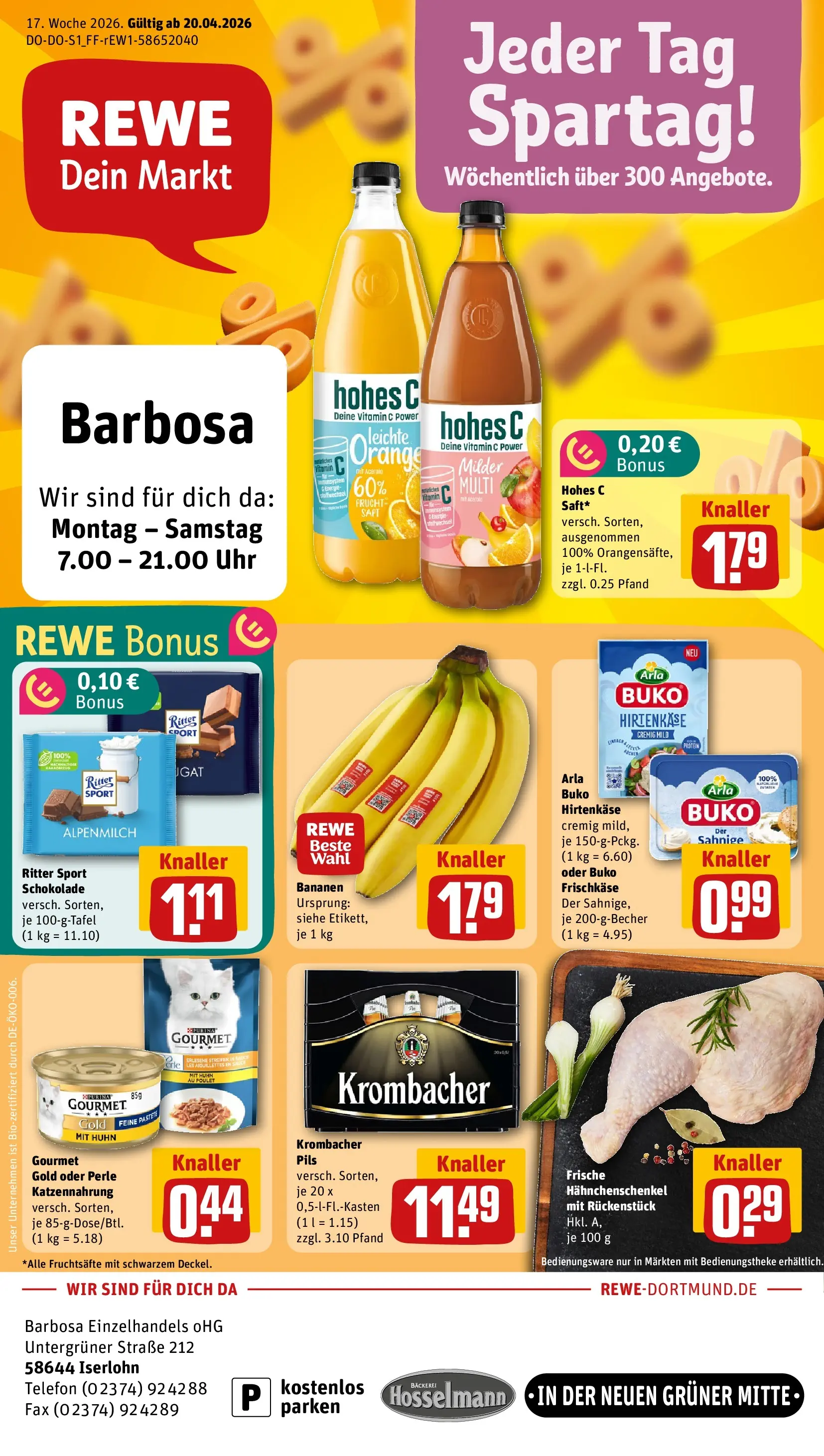 REWE Prospekt ab 20.04.2026 zum Blättern » Angebote | Seite: 1 | Produkte: Bäckerei, Hahnchenschenkel, Schokolade, Pils