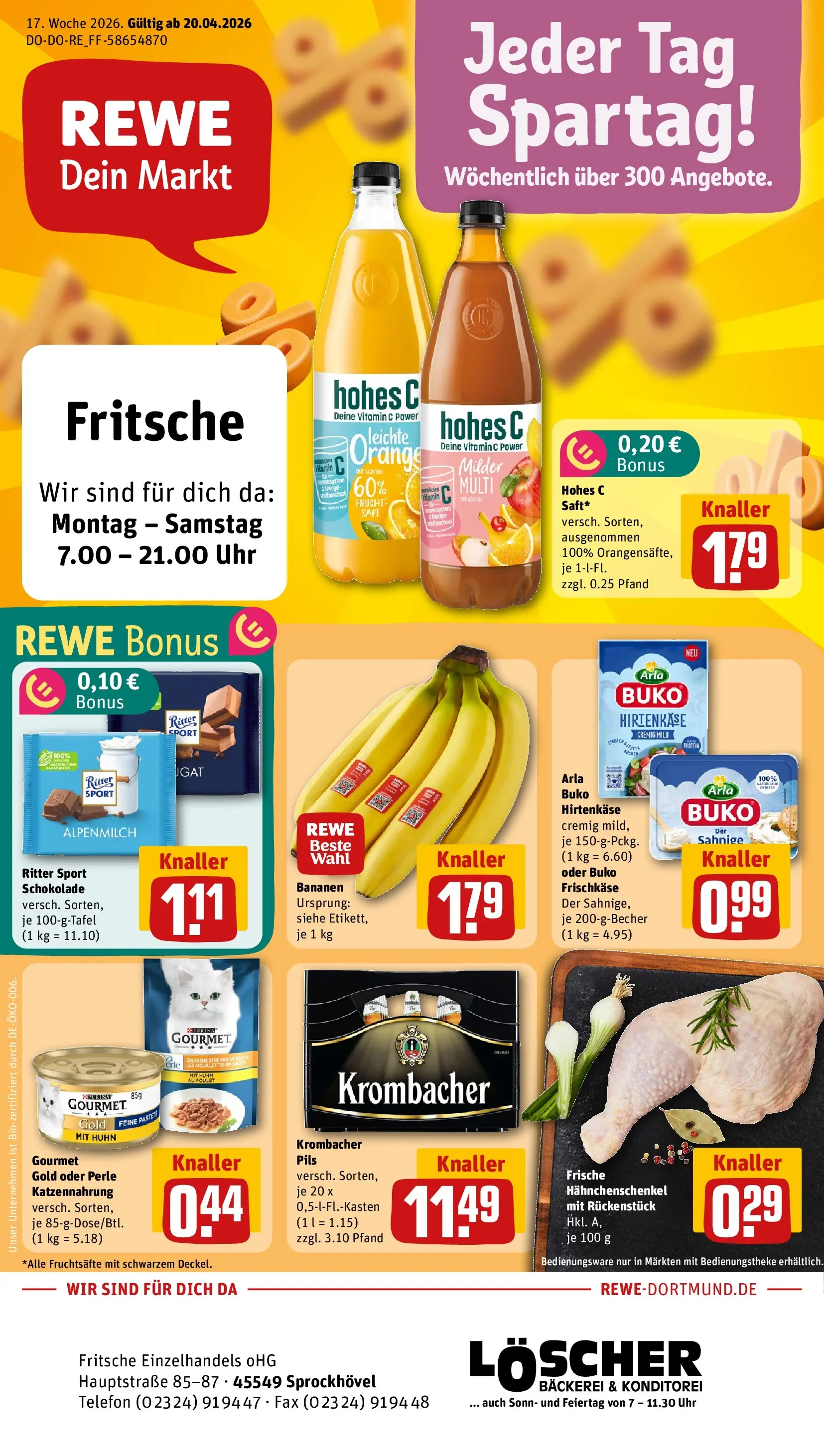 REWE Prospekt ab 20.04.2026 zum Blättern » Angebote | Seite: 1 | Produkte: Hahnchenschenkel, Arla buko, Hohes c, Frischkase