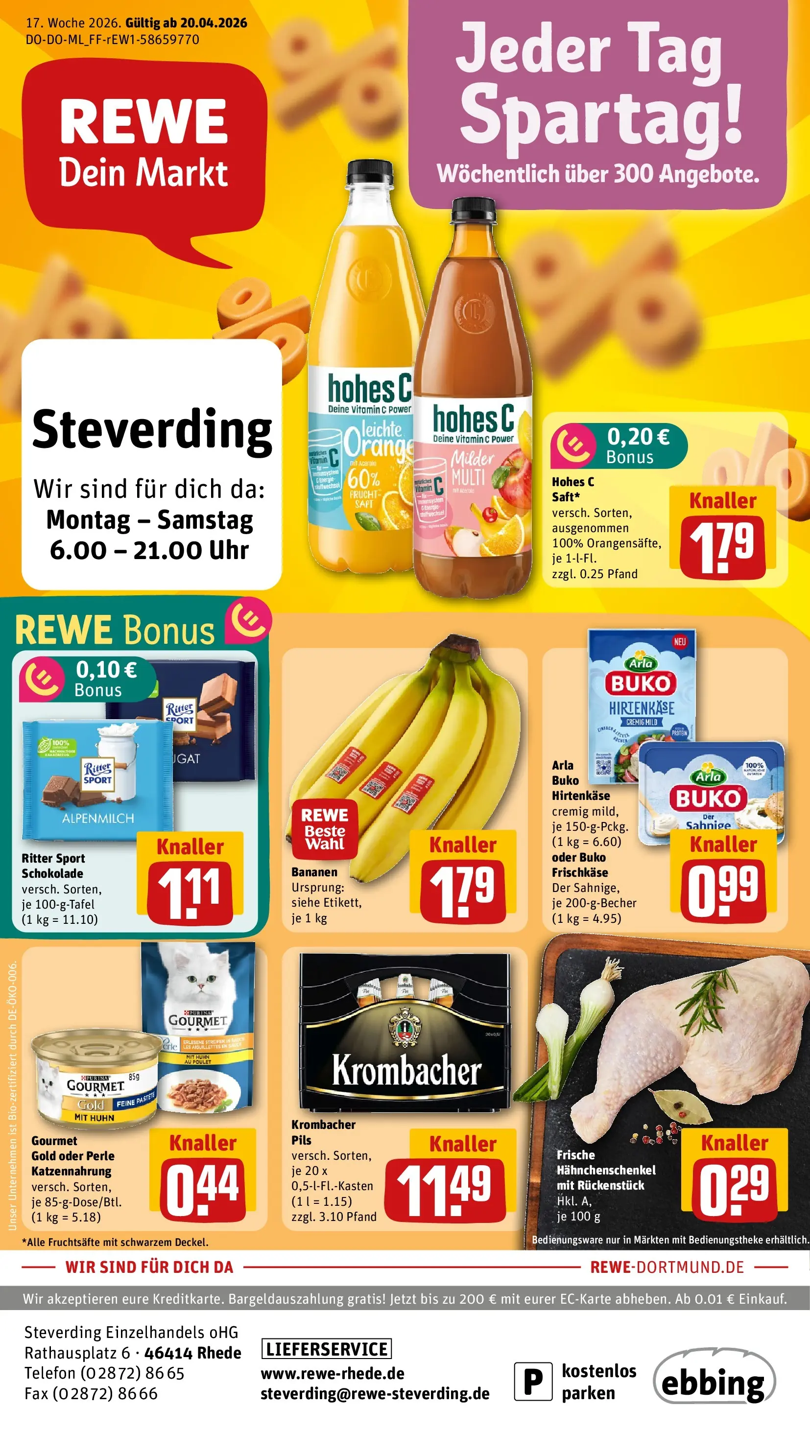 REWE Prospekt ab 20.04.2026 zum Blättern » Angebote | Seite: 1 | Produkte: Schokolade, Krombacher, Uhr, Frischkase