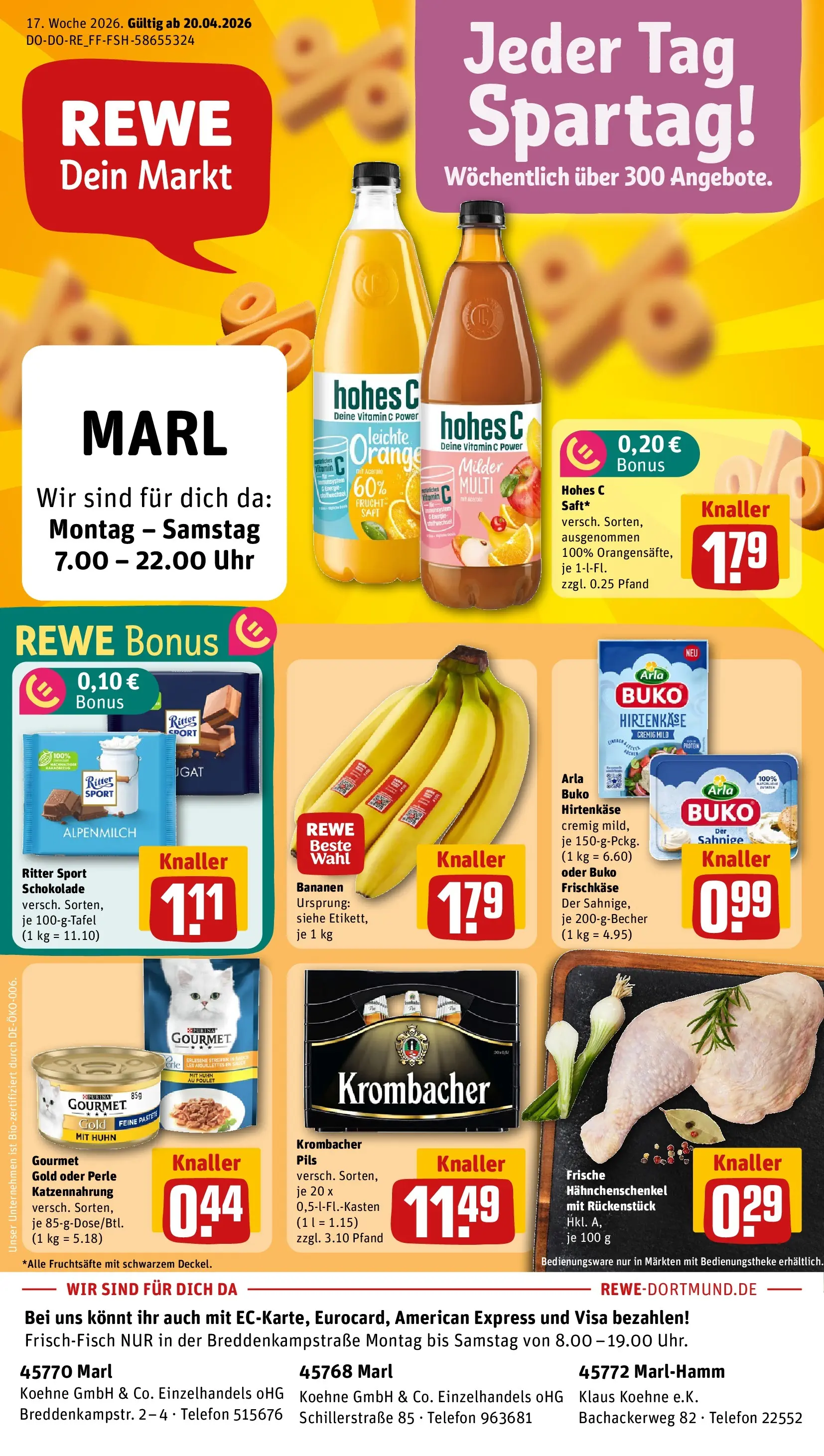 REWE Prospekt ab 20.04.2026 zum Blättern » Angebote | Seite: 1 | Produkte: Schokolade, Ritter sport, Pils, Hohes c