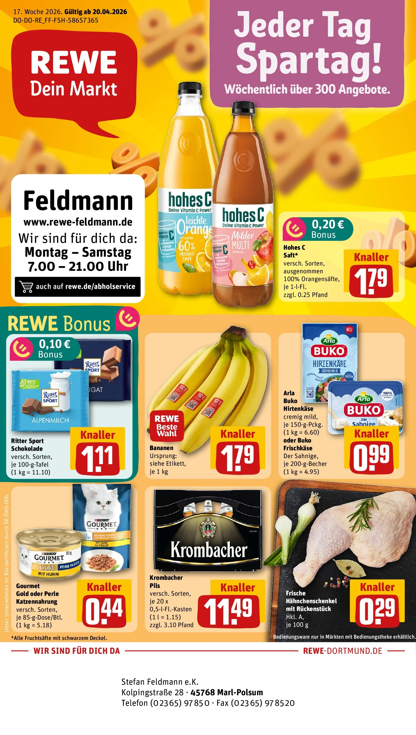 REWE Prospekt ab 20.04.2026 zum Blättern » Angebote | Seite: 1 | Produkte: Schokolade, Pils, Uhr, Frischkase