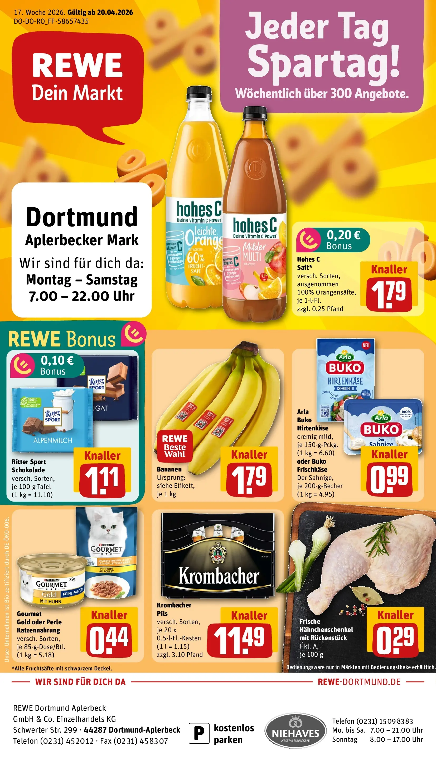 REWE Prospekt ab 20.04.2026 zum Blättern » Angebote | Seite: 1 | Produkte: Schokolade, Bananen, Telefon, Uhr