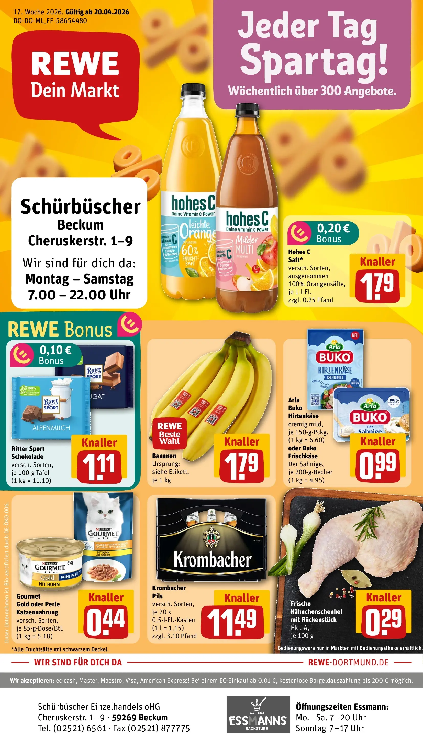 REWE Prospekt ab 20.04.2026 zum Blättern » Angebote | Seite: 1 | Produkte: Hahnchenschenkel, Ritter sport, Pils, Frischkase